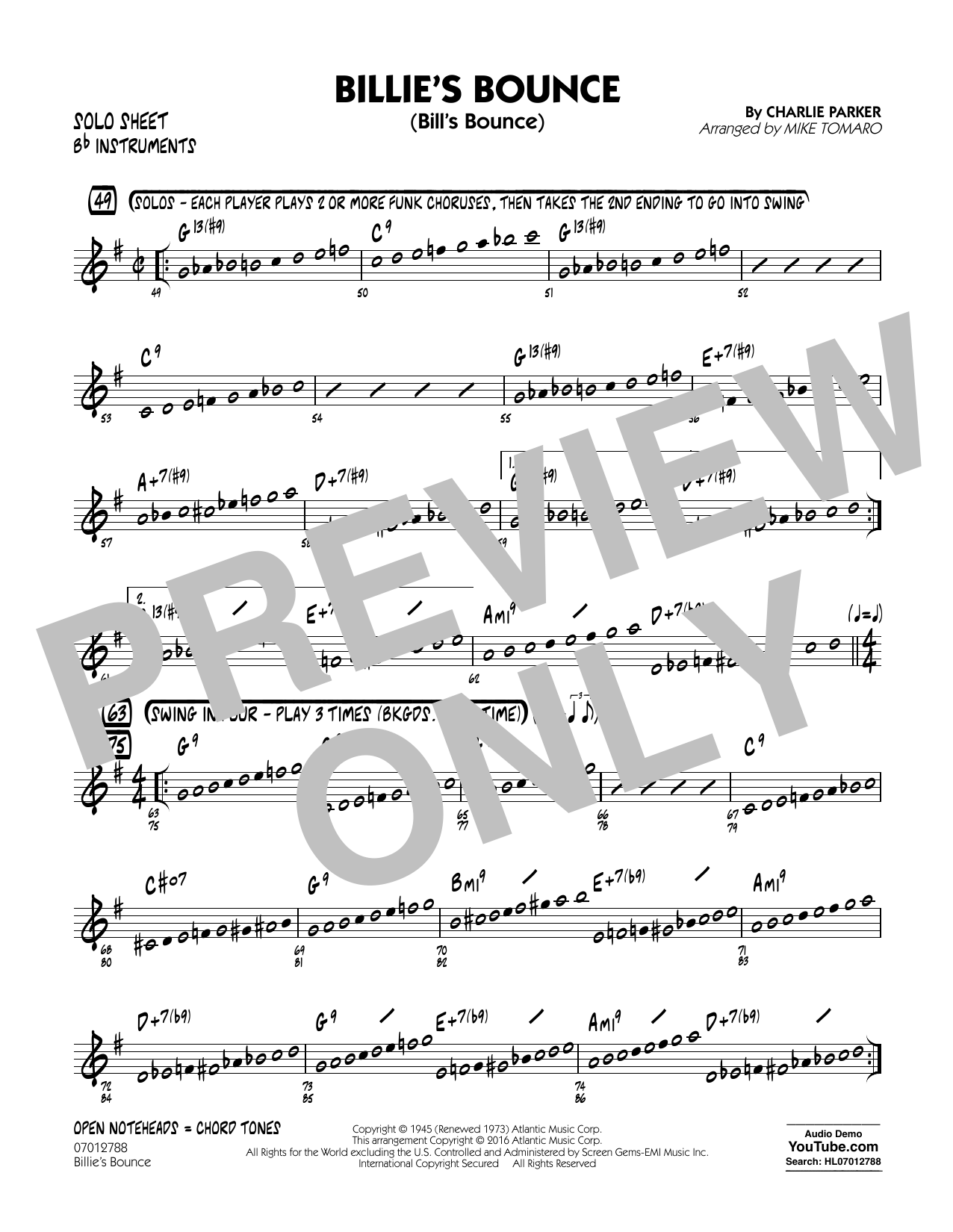 Download Mike Tomaro Billie's Bounce - Bb Solo Sheet Sheet Music and learn how to play Jazz Ensemble PDF digital score in minutes