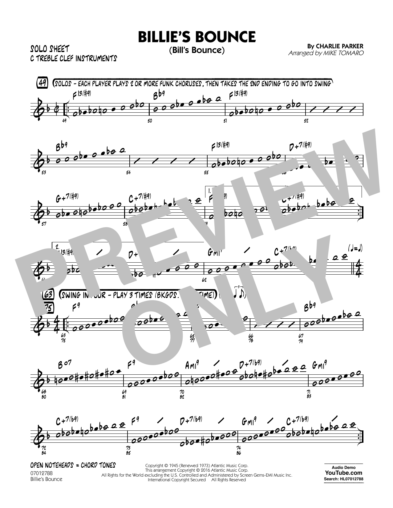 Download Mike Tomaro Billie's Bounce - C Solo Sheet Sheet Music and learn how to play Jazz Ensemble PDF digital score in minutes