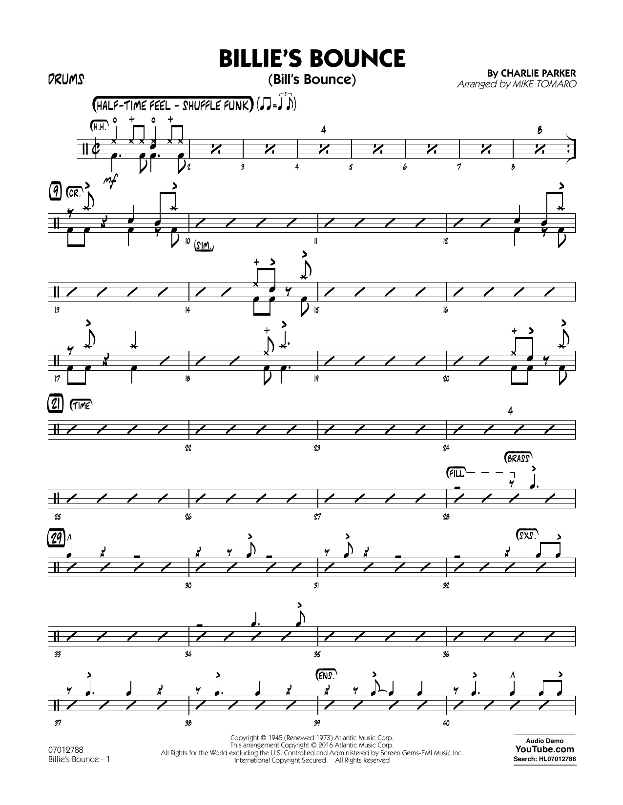 Download Mike Tomaro Billie's Bounce - Drums Sheet Music and learn how to play Jazz Ensemble PDF digital score in minutes