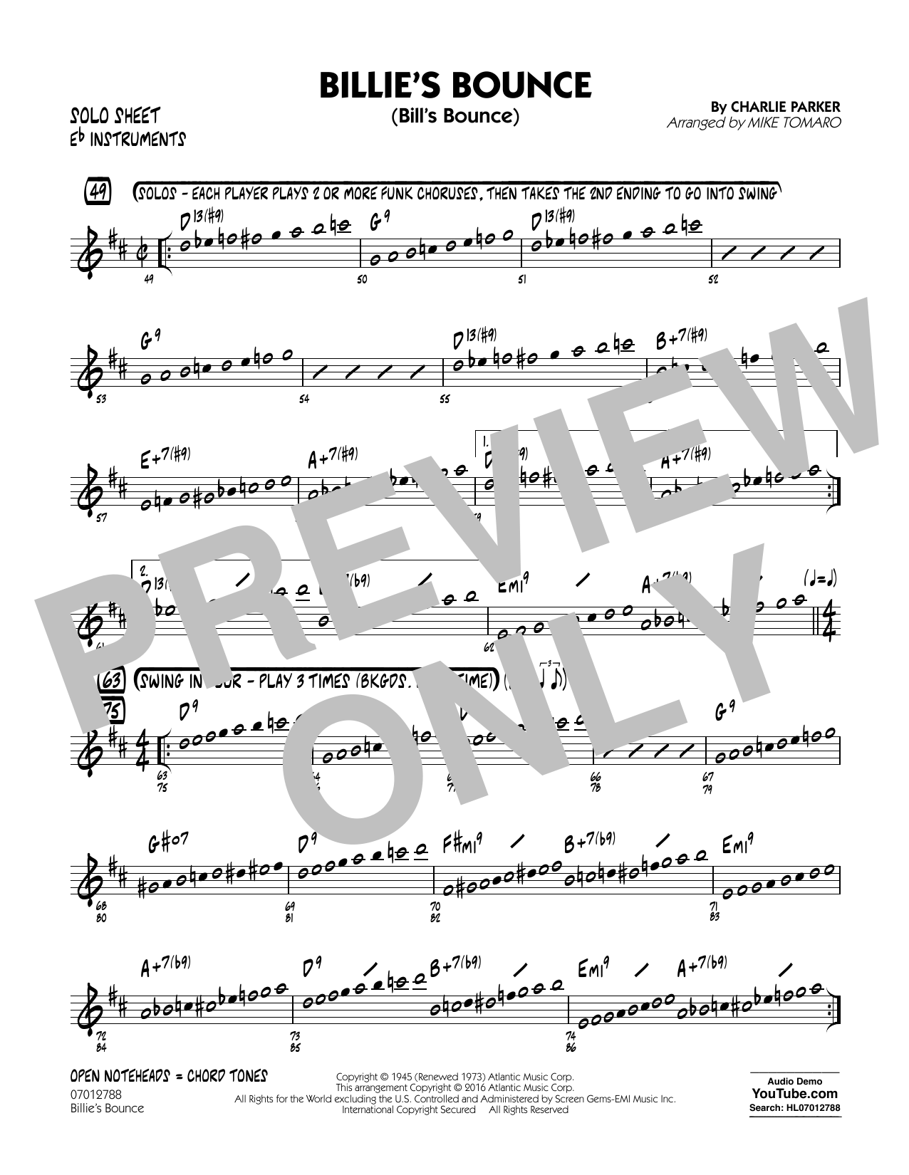 Download Mike Tomaro Billie's Bounce - Eb Solo Sheet Sheet Music and learn how to play Jazz Ensemble PDF digital score in minutes