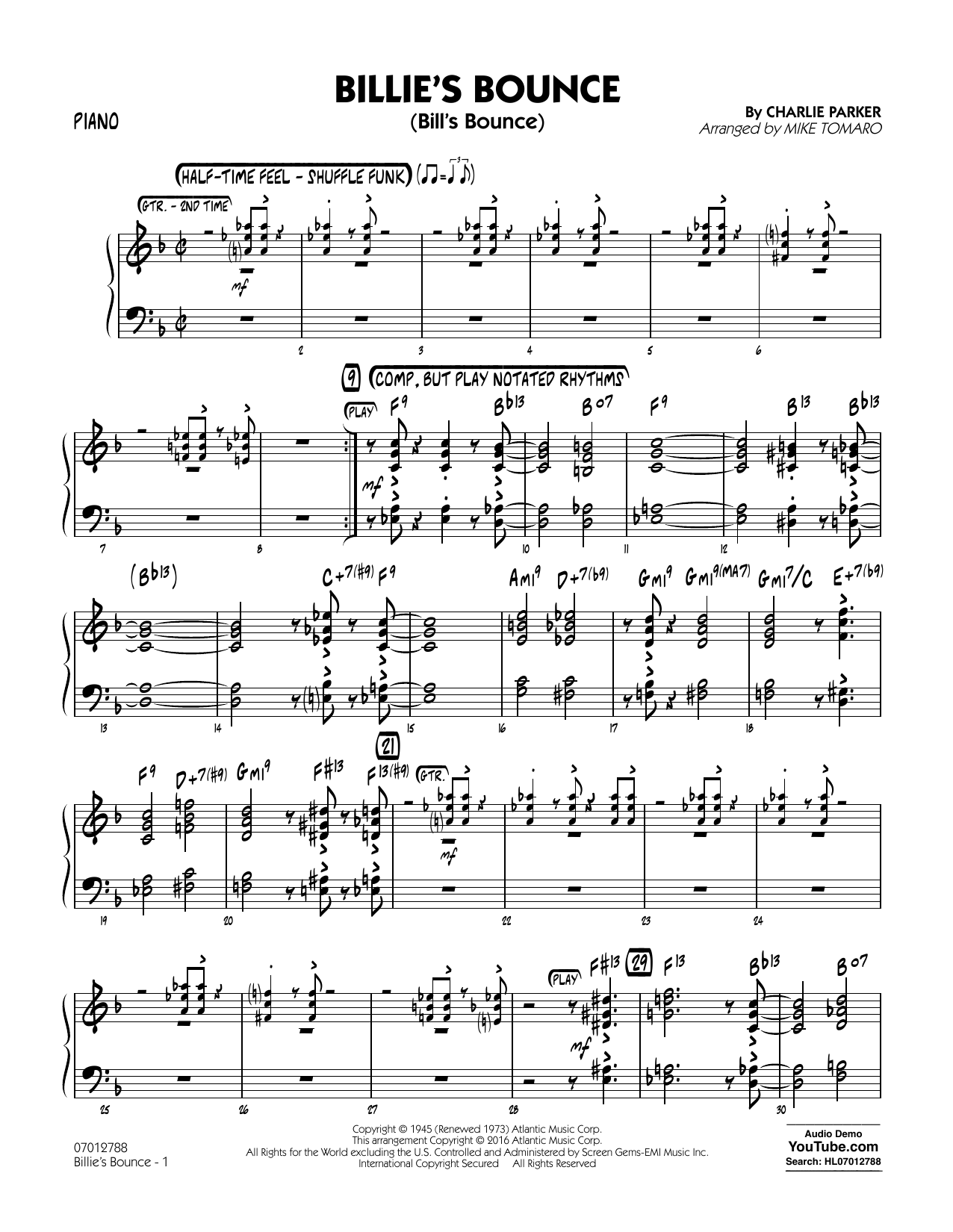 Download Mike Tomaro Billie's Bounce - Piano Sheet Music and learn how to play Jazz Ensemble PDF digital score in minutes