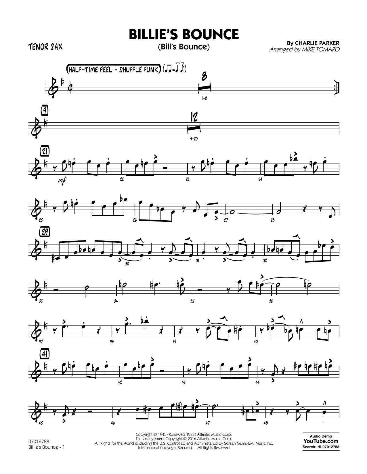 Download Mike Tomaro Billie's Bounce - Tenor Sax Sheet Music and learn how to play Jazz Ensemble PDF digital score in minutes
