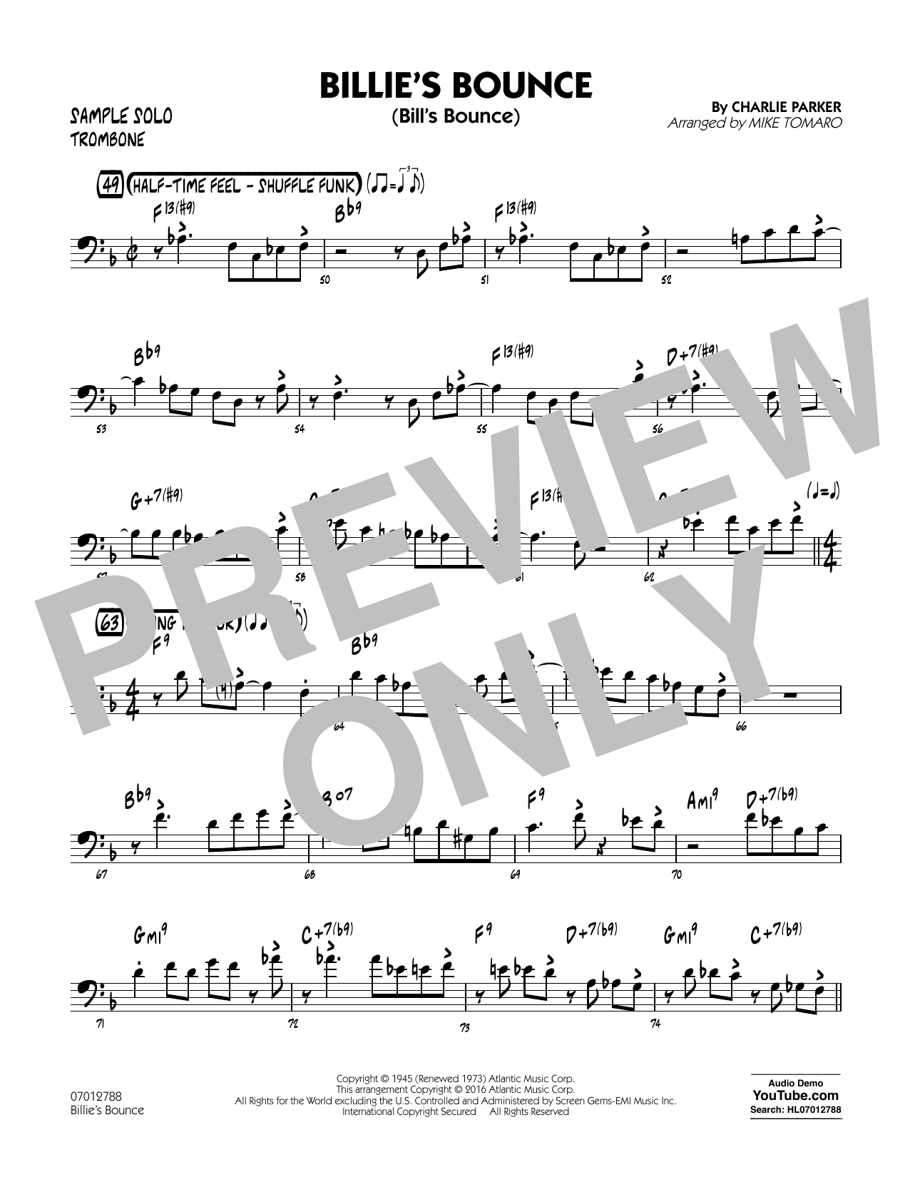 Download Mike Tomaro Billie's Bounce - Trombone Sample Solo Sheet Music and learn how to play Jazz Ensemble PDF digital score in minutes