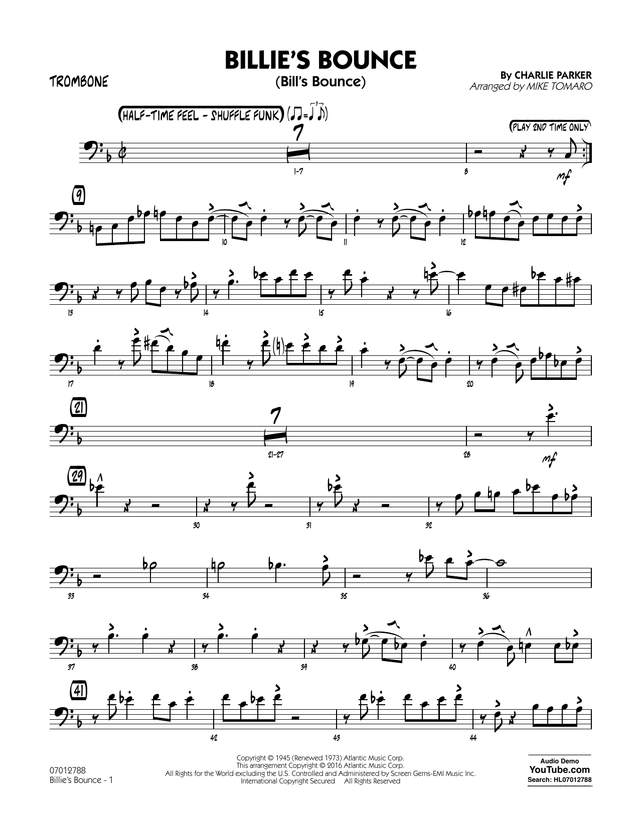 Download Mike Tomaro Billie's Bounce - Trombone Sheet Music and learn how to play Jazz Ensemble PDF digital score in minutes