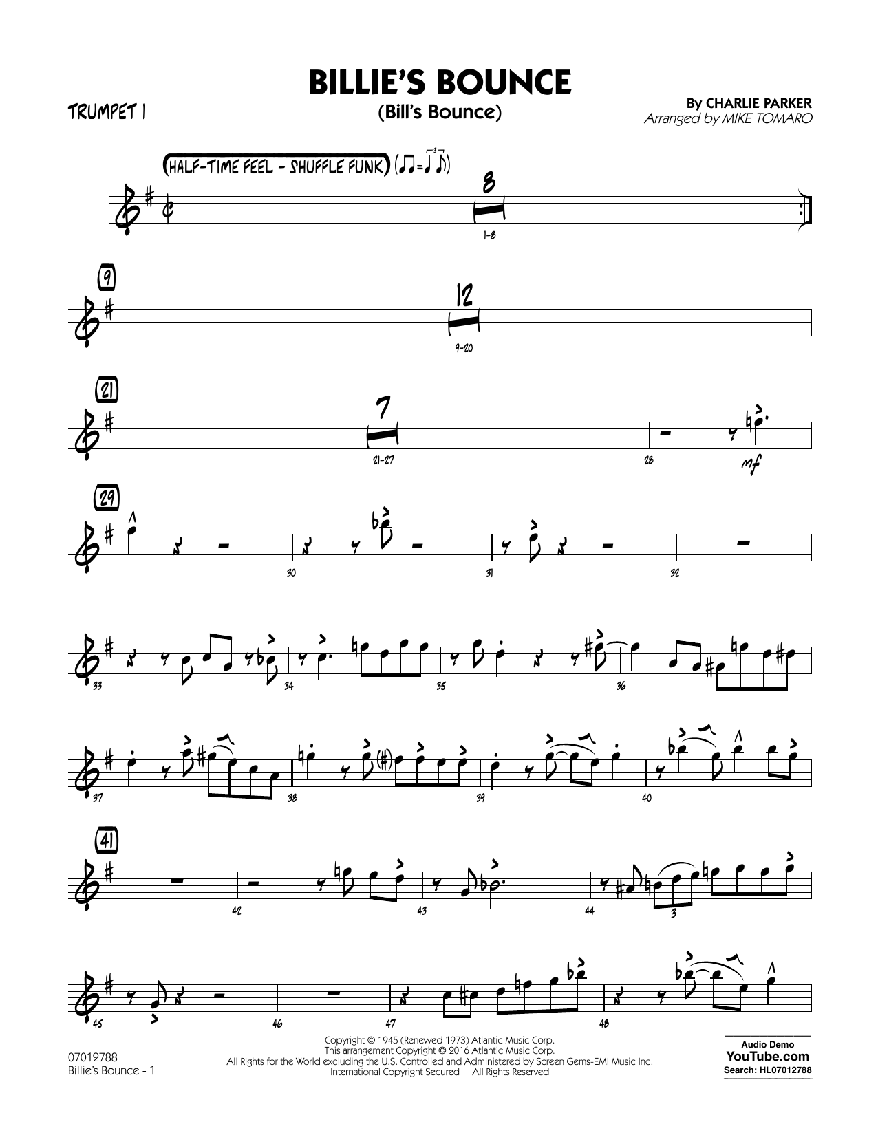 Download Mike Tomaro Billie's Bounce - Trumpet 1 Sheet Music and learn how to play Jazz Ensemble PDF digital score in minutes
