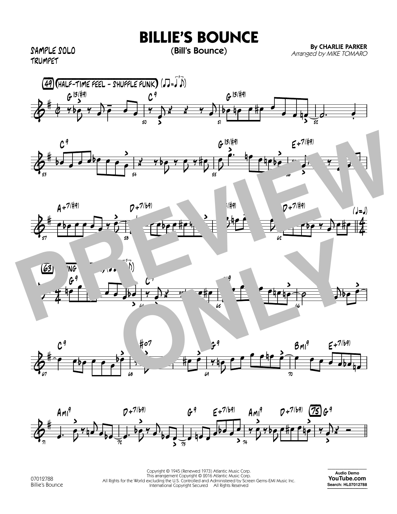 Download Mike Tomaro Billie's Bounce - Trumpet Sample Solo Sheet Music and learn how to play Jazz Ensemble PDF digital score in minutes