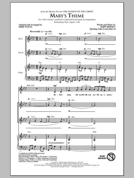 Download John Debney Mary's Theme (arr. Mike Watts) Sheet Music and learn how to play SATB PDF digital score in minutes