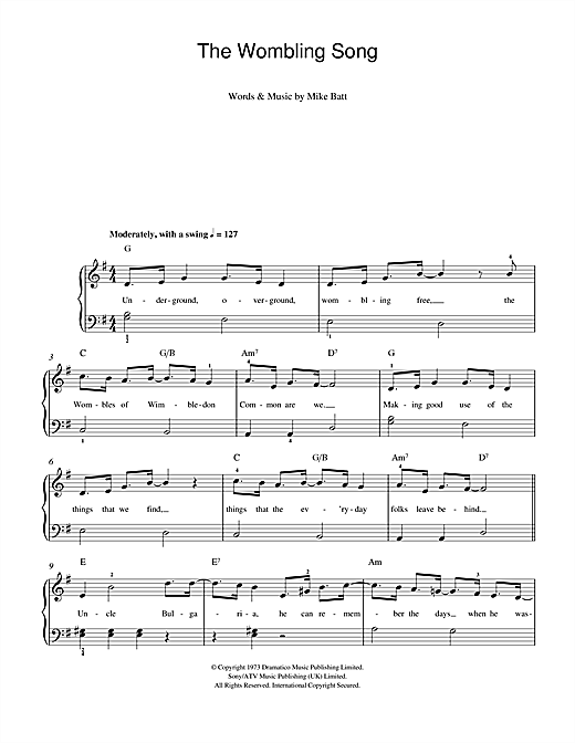 Download Mike Batt The Wombling Song Sheet Music and learn how to play Easy Piano PDF digital score in minutes
