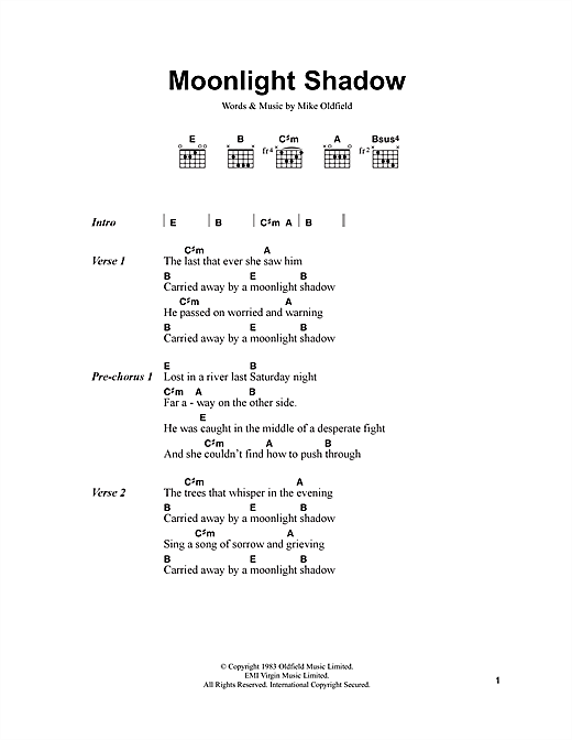 Download Mike Oldfield Moonlight Shadow Sheet Music and learn how to play Lyrics & Chords PDF digital score in minutes
