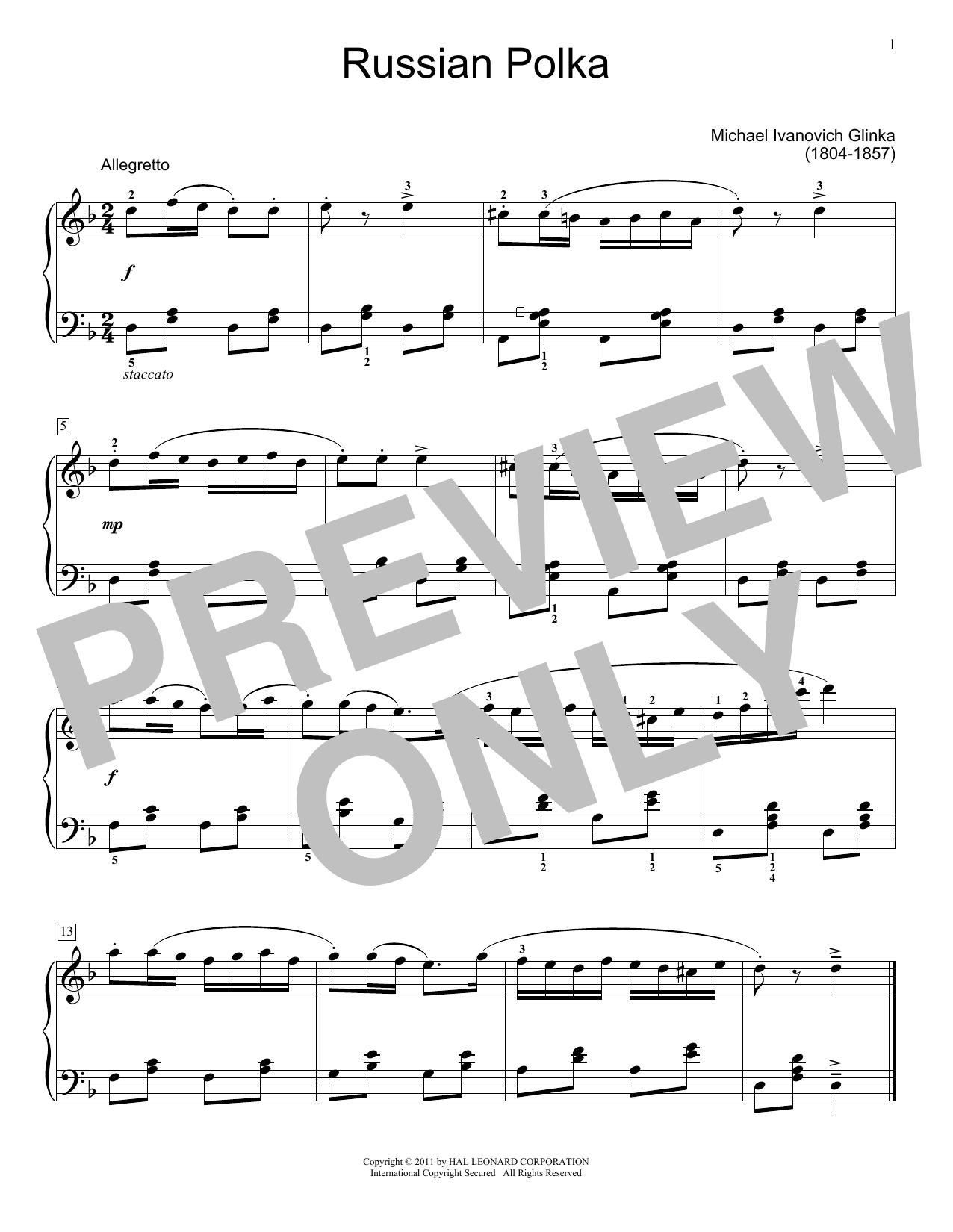 Download Mikhail Glinka Russian Polka Sheet Music and learn how to play Beginner Piano PDF digital score in minutes