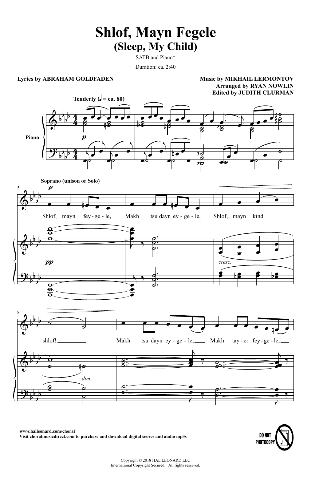 Download Mikhail Lermontov Shlof, Mayn Fegele (A Lullaby) (arr. Ryan Nowlin) Sheet Music and learn how to play SATB Choir PDF digital score in minutes