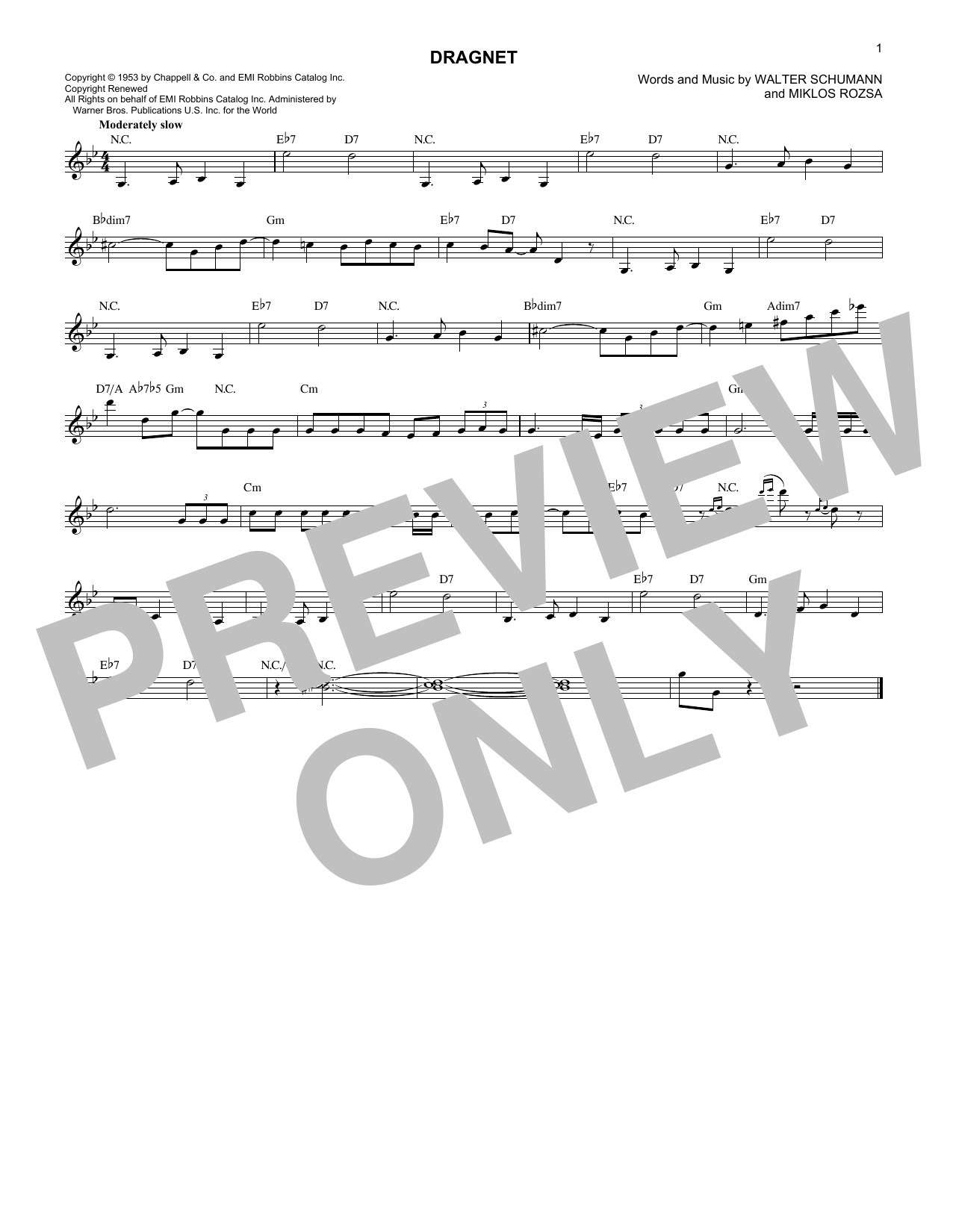 Download Miklos Rozsa Dragnet Sheet Music and learn how to play Melody Line, Lyrics & Chords PDF digital score in minutes