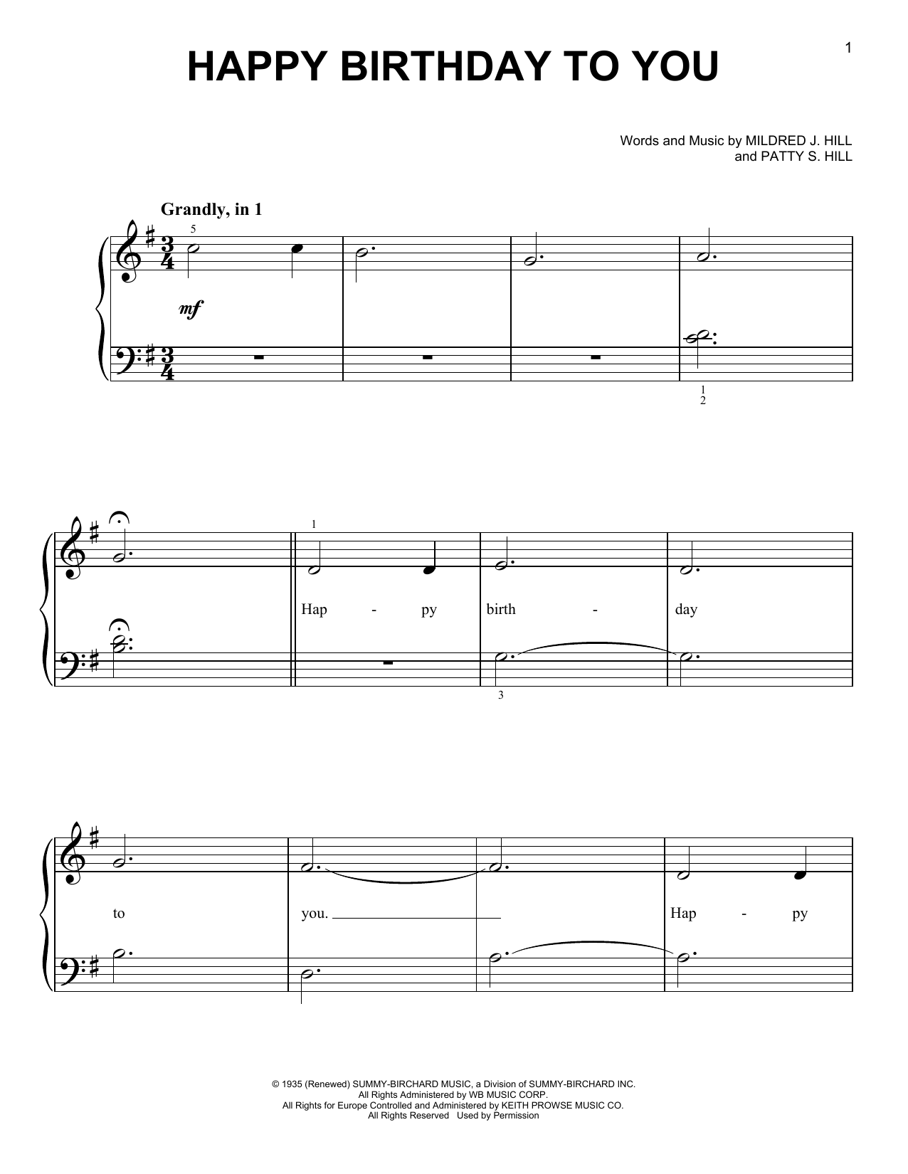 Download Mildred J. Hill Happy Birthday To You Sheet Music and learn how to play Piano (Big Notes) PDF digital score in minutes