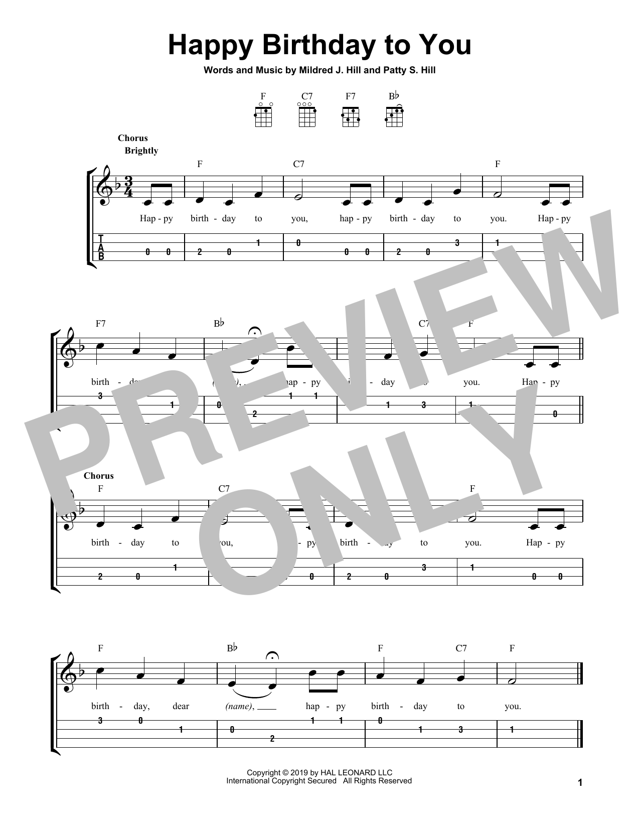 Download Mildred J. Hill & Patty S. Hill Happy Birthday To You Sheet Music and learn how to play Easy Ukulele Tab PDF digital score in minutes