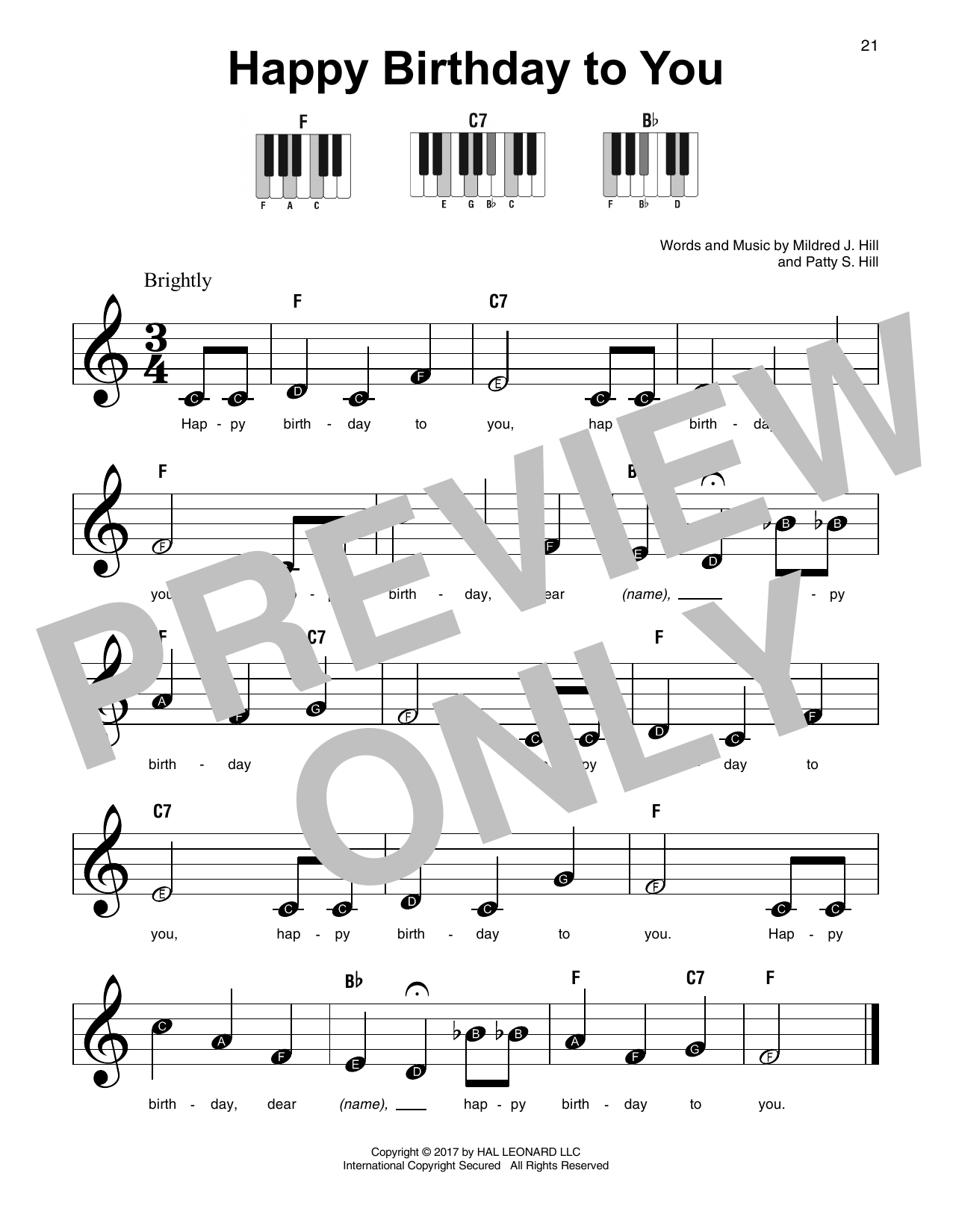 Download Mildred J. Hill Happy Birthday To You Sheet Music and learn how to play Piano, Vocal & Guitar (Right-Hand Melody) PDF digital score in minutes