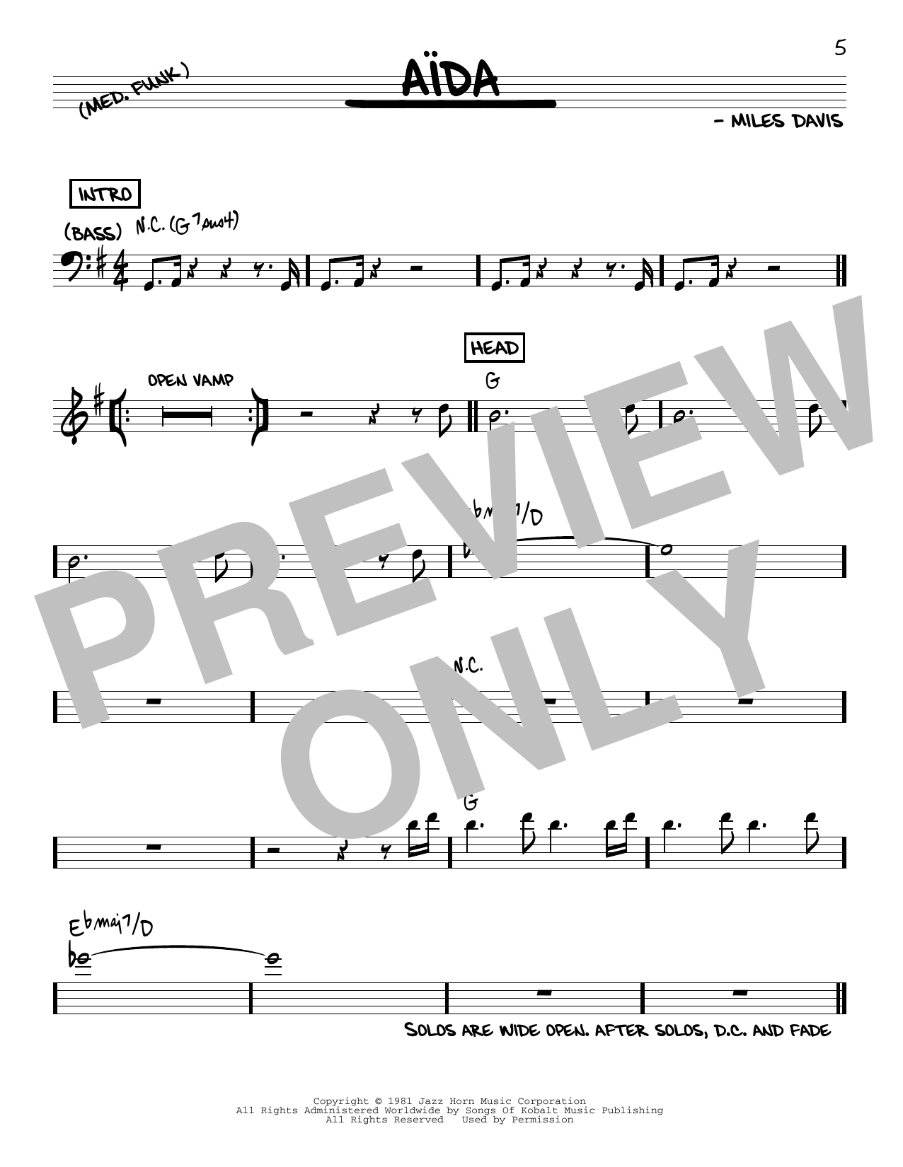 Download Miles Davis Aida Sheet Music and learn how to play Real Book – Melody & Chords PDF digital score in minutes