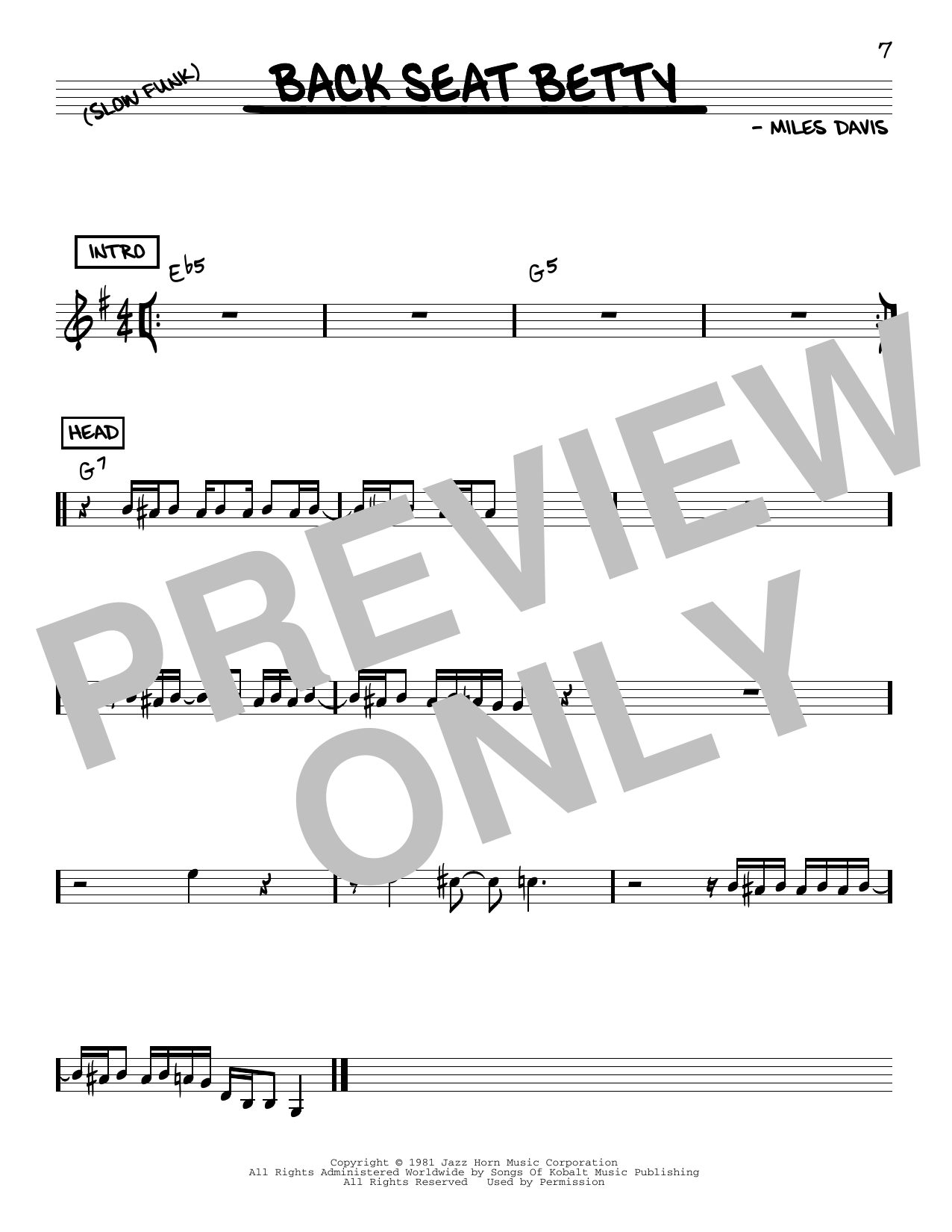 Download Miles Davis Back Seat Betty Sheet Music and learn how to play Real Book – Melody & Chords PDF digital score in minutes