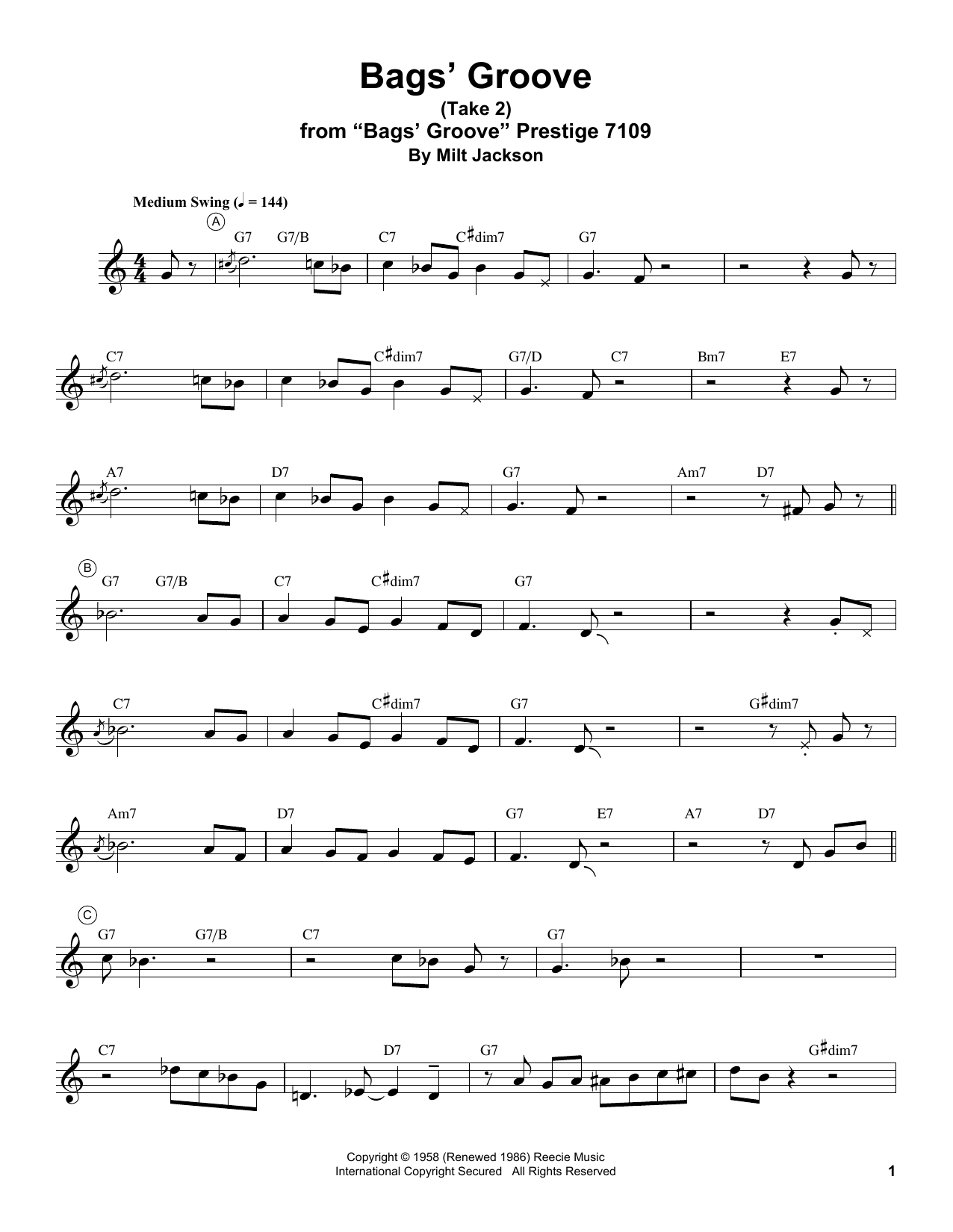 Download Miles Davis Bags' Groove (Take 2) Sheet Music and learn how to play Electric Guitar Transcription PDF digital score in minutes