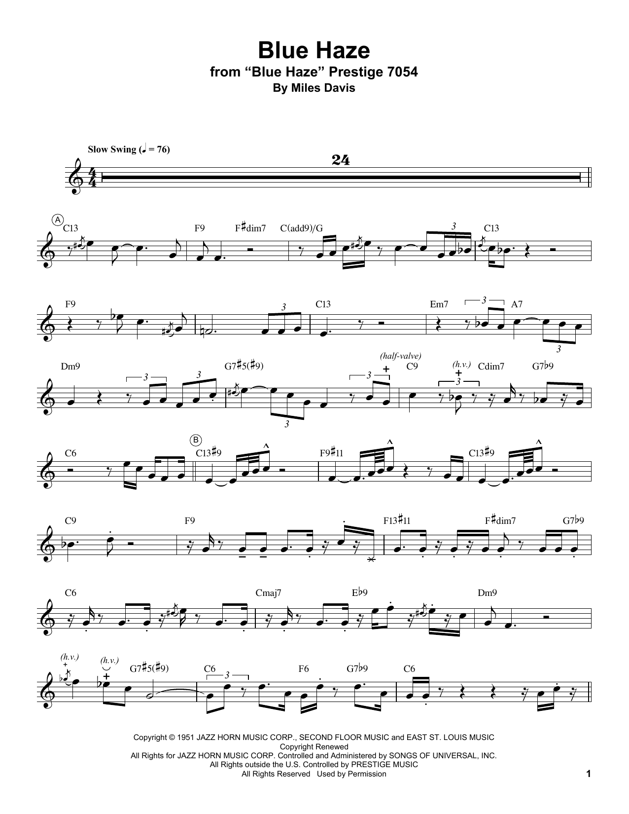Download Miles Davis Blue Haze Sheet Music and learn how to play Real Book – Melody & Chords PDF digital score in minutes