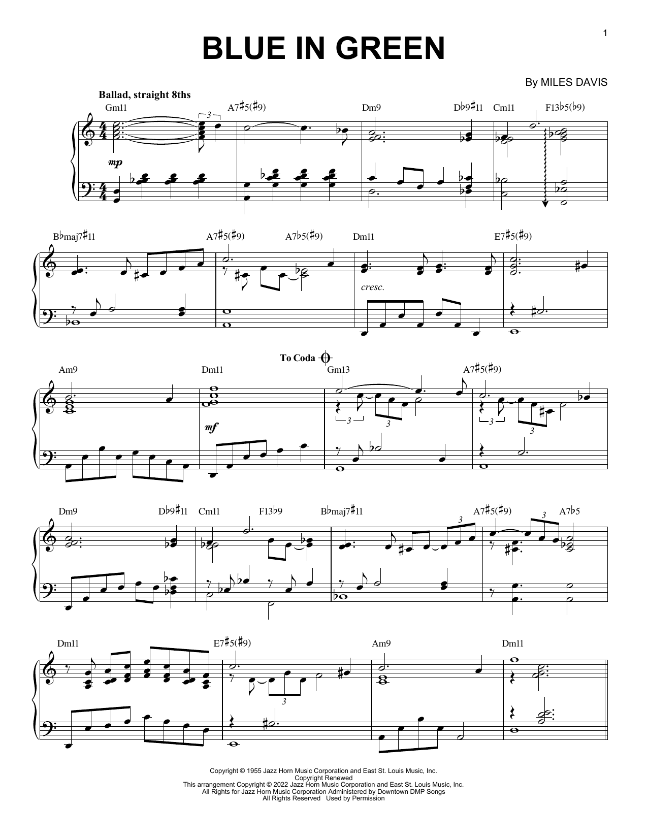 Download Miles Davis Blue In Green [Jazz version] (arr. Brent Edstrom) Sheet Music and learn how to play Piano Solo PDF digital score in minutes