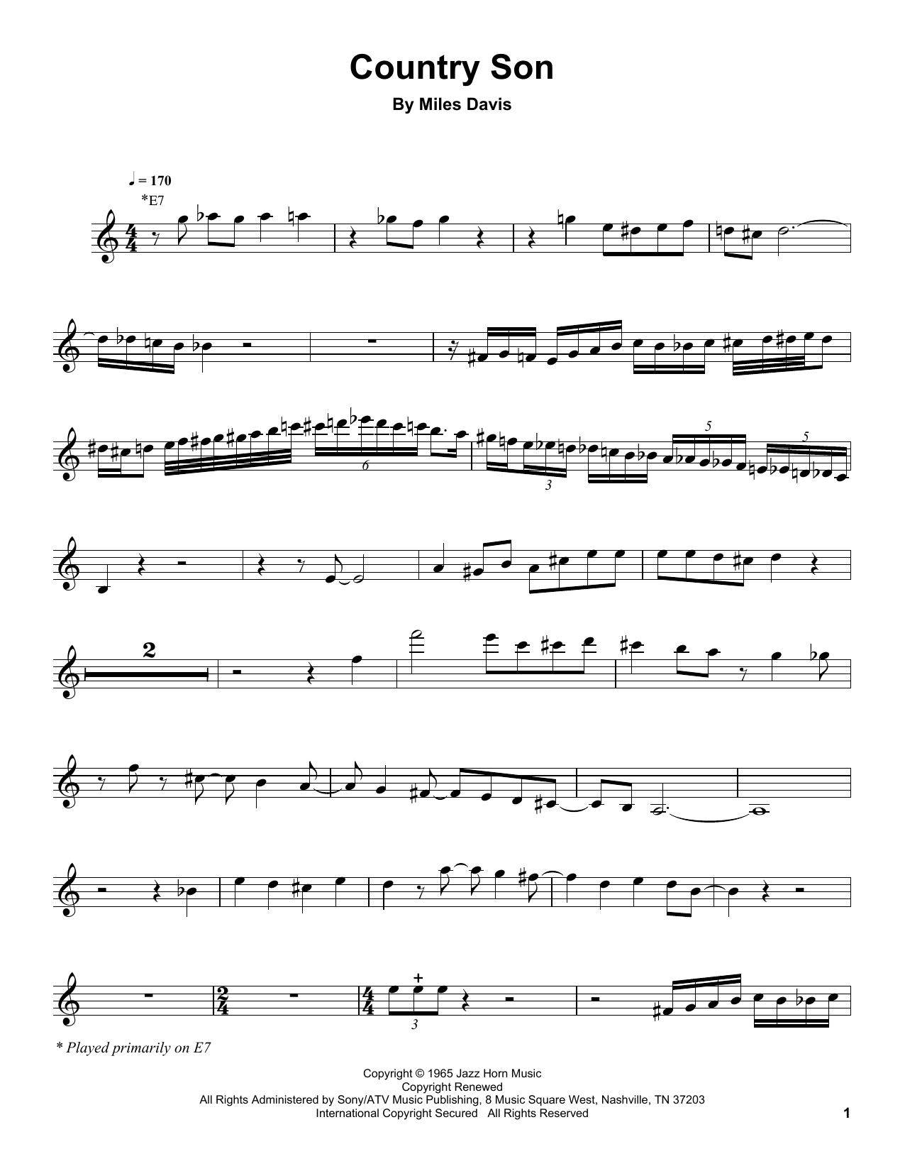 Download Miles Davis Country Son Sheet Music and learn how to play TPTTRN PDF digital score in minutes