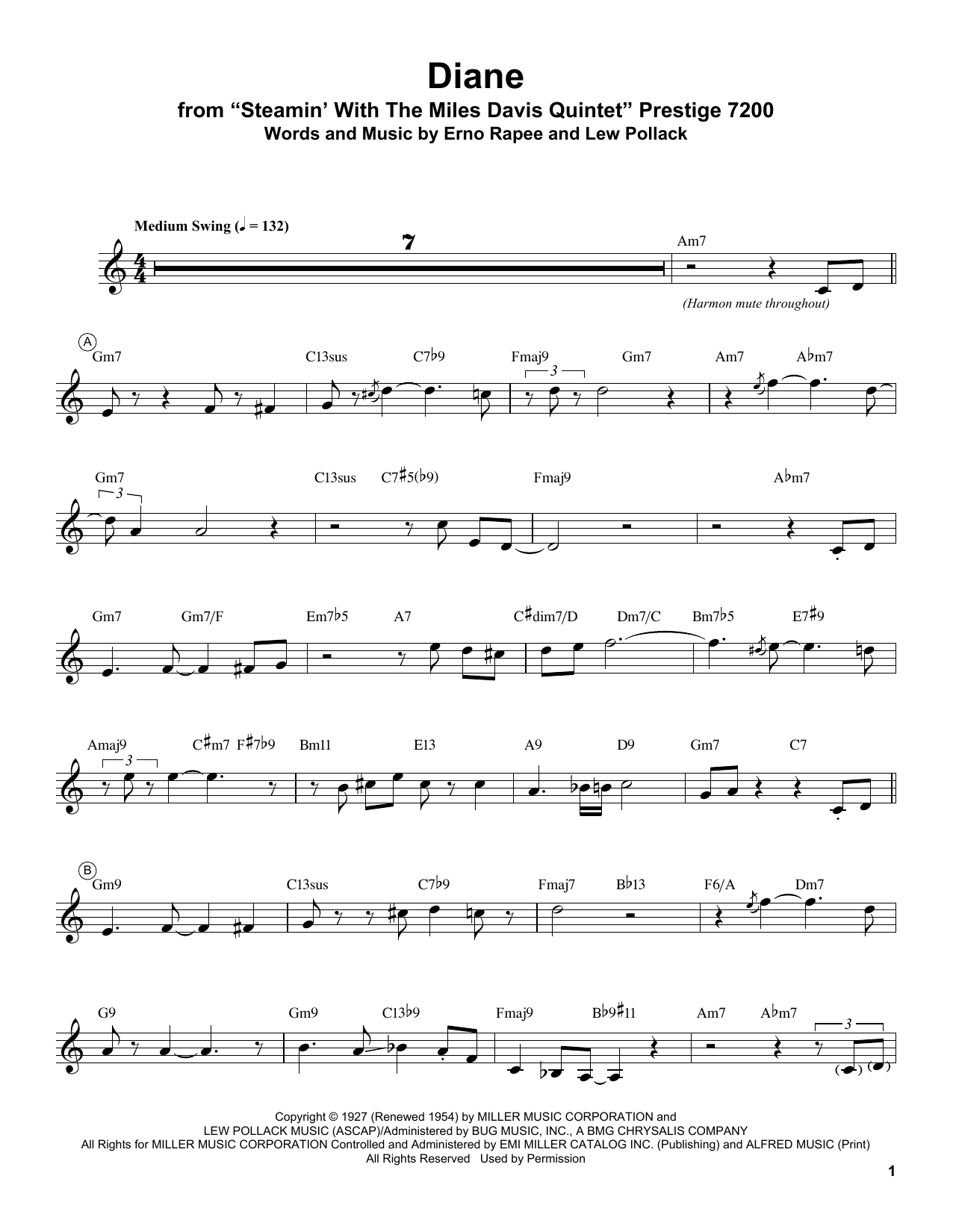 Download Miles Davis Diane Sheet Music and learn how to play Trumpet Transcription PDF digital score in minutes