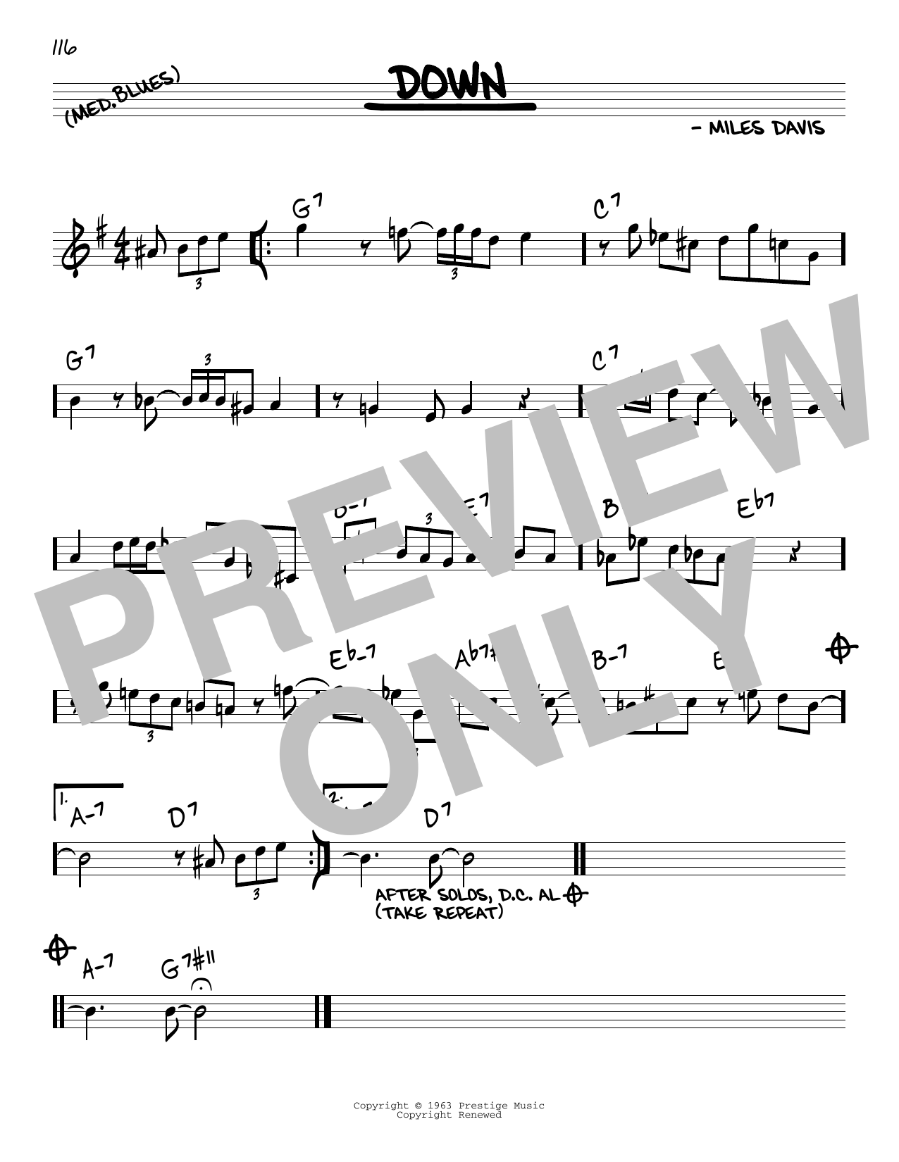 Download Miles Davis Down Sheet Music and learn how to play Real Book – Melody & Chords PDF digital score in minutes