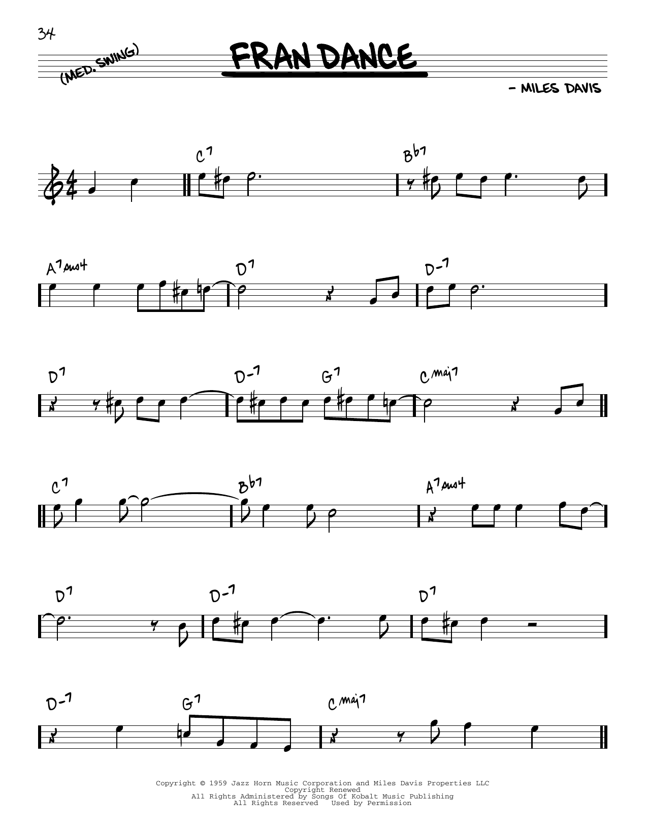 Download Miles Davis Fran Dance Sheet Music and learn how to play Real Book – Melody & Chords PDF digital score in minutes