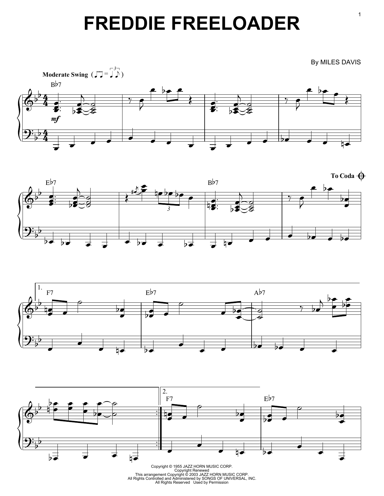 Download Miles Davis Freddie Freeloader Sheet Music and learn how to play Trumpet Transcription PDF digital score in minutes