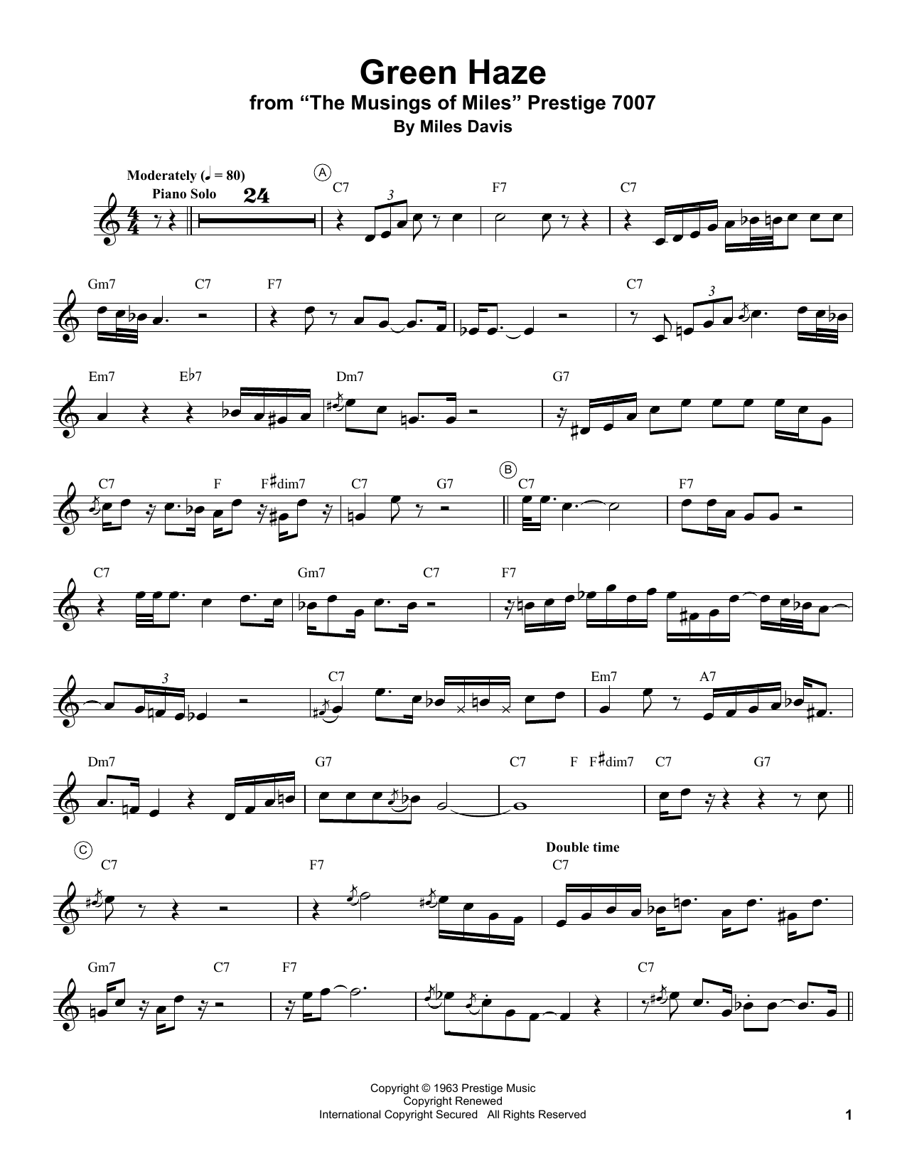 Download Miles Davis Green Haze Sheet Music and learn how to play Real Book – Melody & Chords PDF digital score in minutes