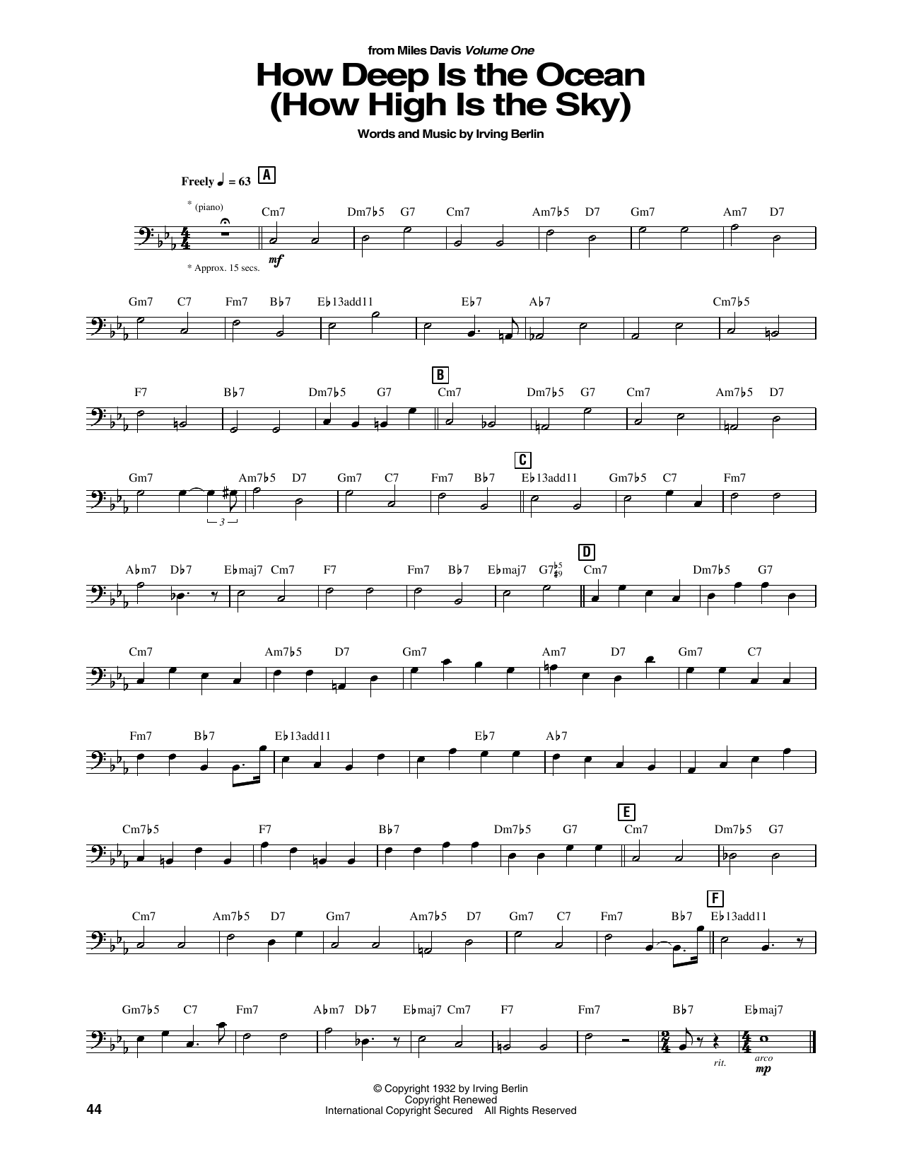 Download Miles Davis How Deep Is The Ocean (How High Is The Sky) Sheet Music and learn how to play String Bass Transcription PDF digital score in minutes