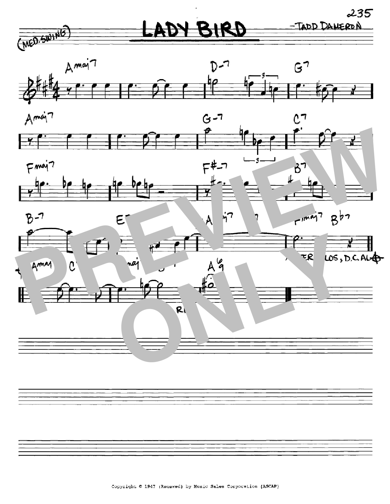 Download Miles Davis Lady Bird Sheet Music and learn how to play Real Book - Melody & Chords - Eb Instruments PDF digital score in minutes