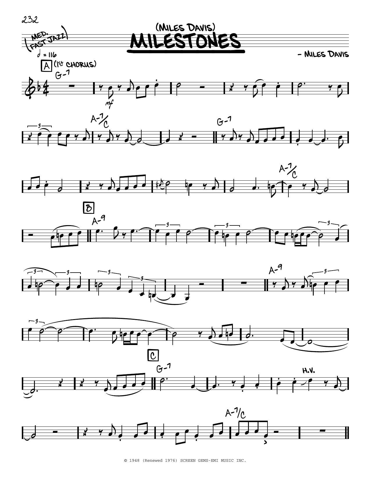 Download Miles Davis Milestones (solo only) Sheet Music and learn how to play Real Book – Melody & Chords PDF digital score in minutes