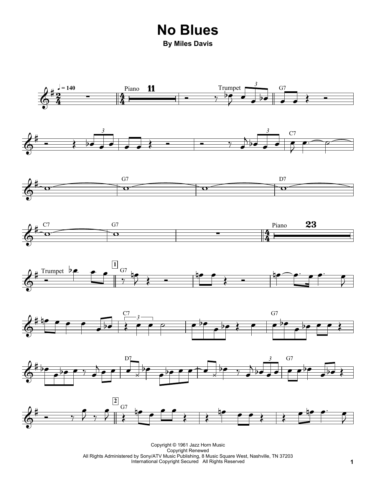 Download Miles Davis No Blues Sheet Music and learn how to play TPTTRN PDF digital score in minutes