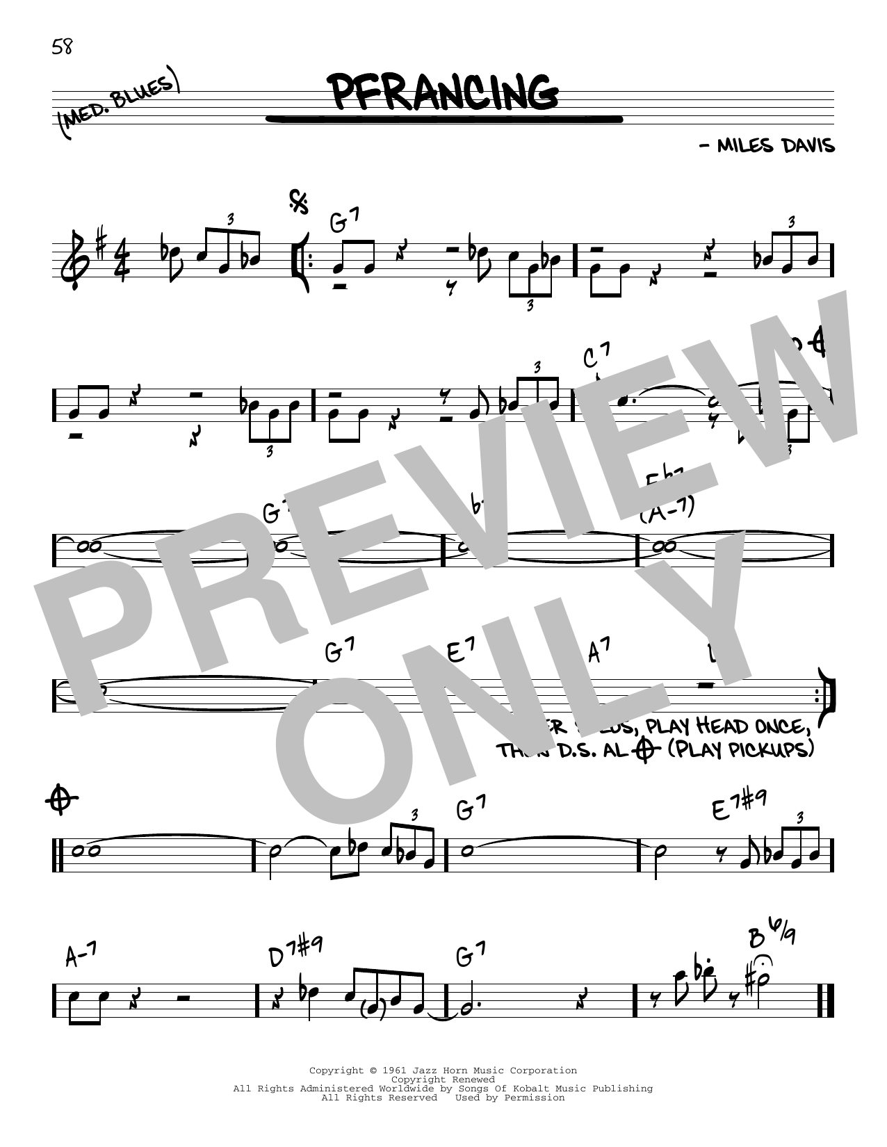 Download Miles Davis Pfrancing Sheet Music and learn how to play Real Book – Melody & Chords PDF digital score in minutes