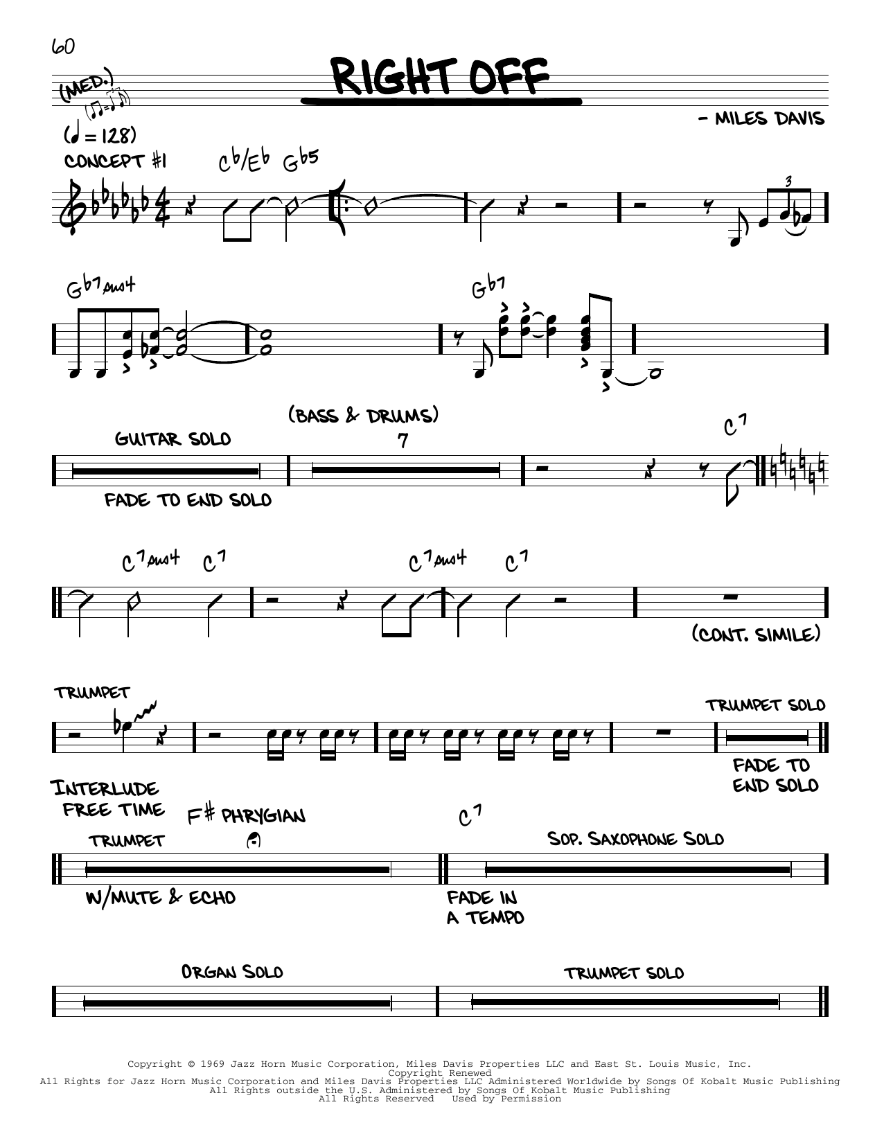 Download Miles Davis Right Off Sheet Music and learn how to play Real Book – Melody & Chords PDF digital score in minutes