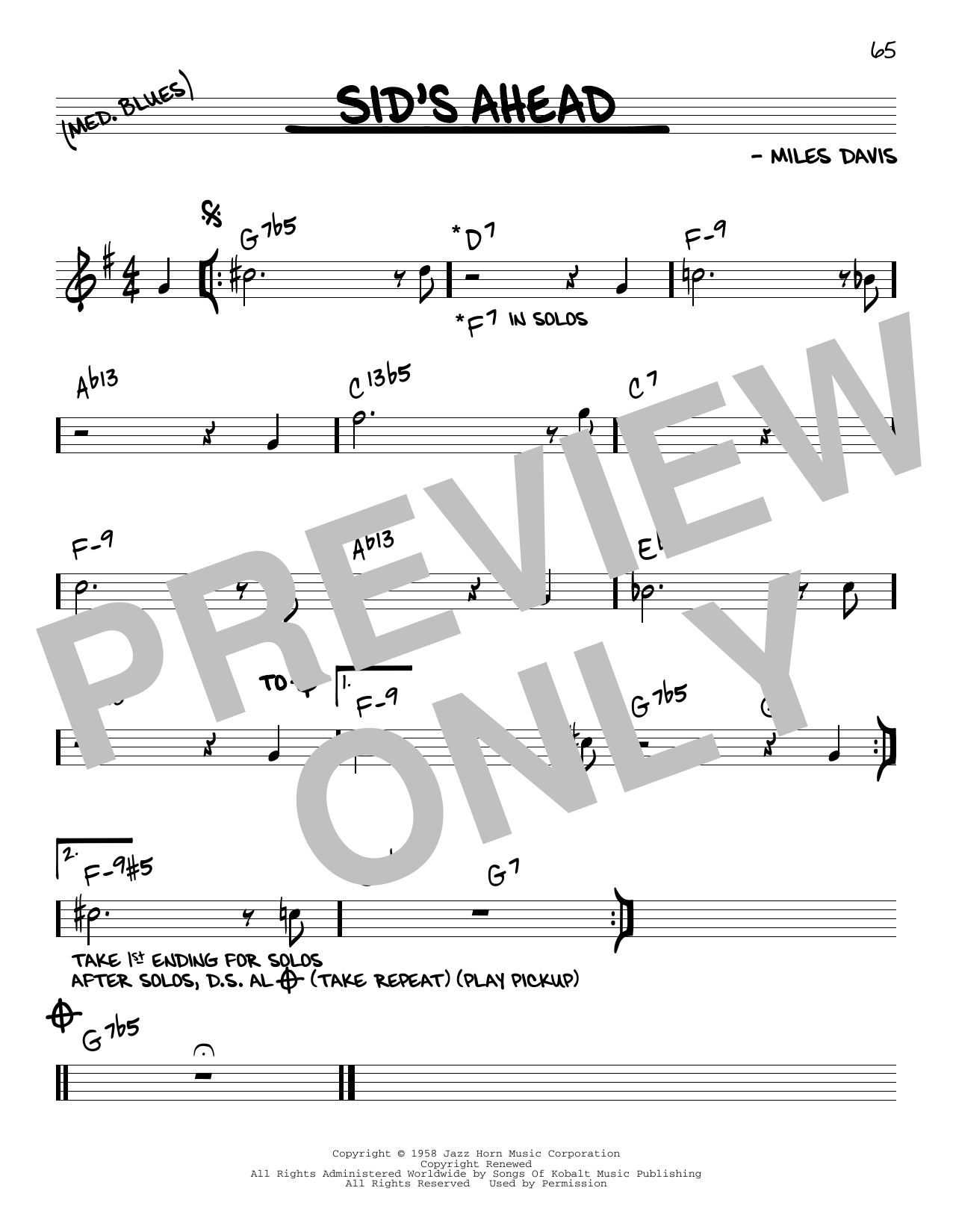Download Miles Davis Sid's Ahead Sheet Music and learn how to play Real Book – Melody & Chords PDF digital score in minutes