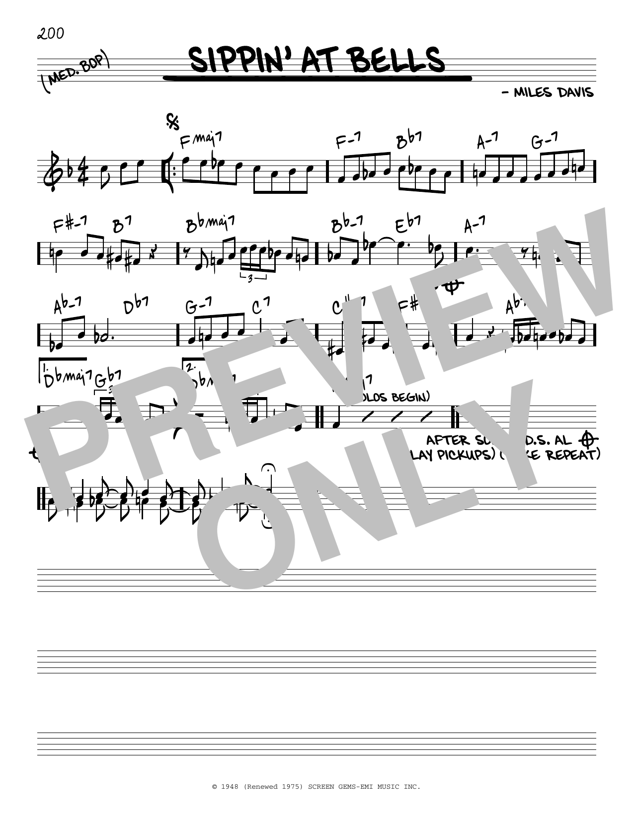 Download Miles Davis Sippin' At Bells Sheet Music and learn how to play Real Book - Melody & Chords - Bass Clef Instruments PDF digital score in minutes