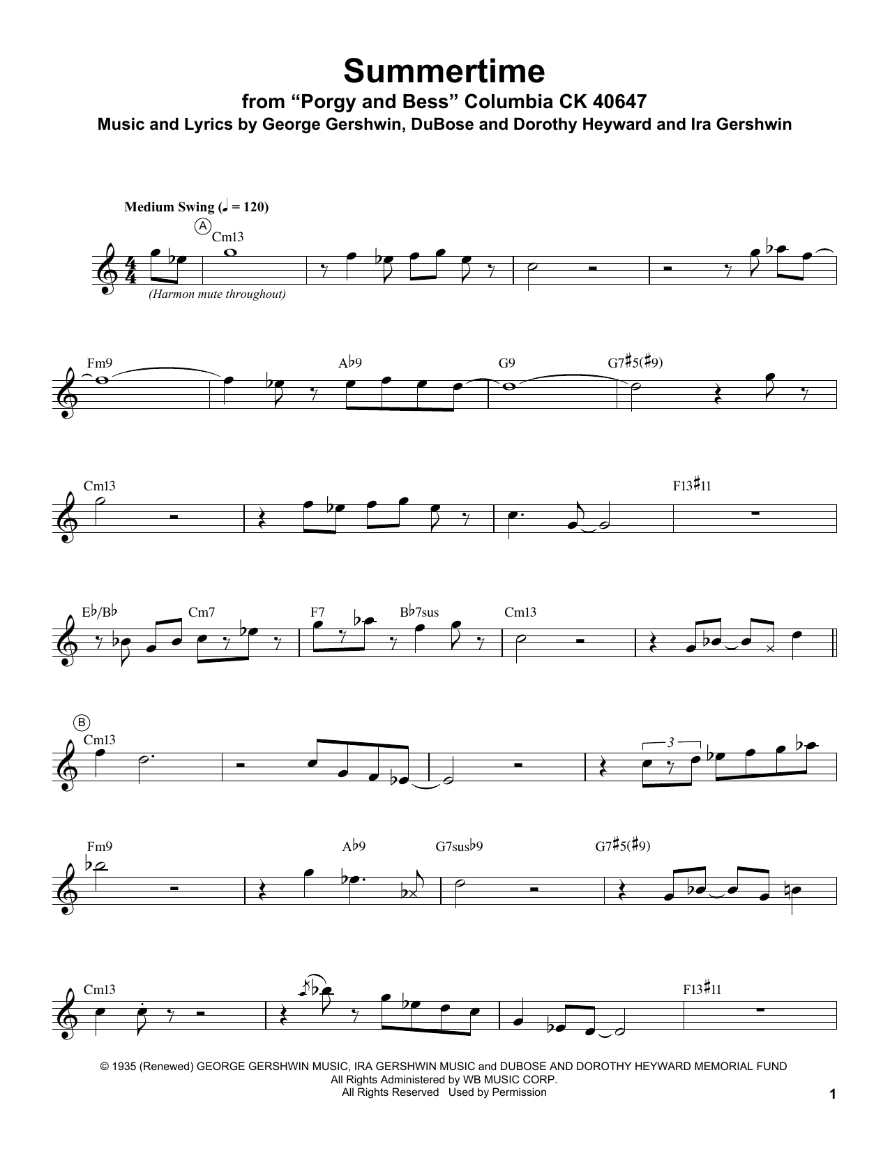 Download Miles Davis Summertime Sheet Music and learn how to play Trumpet Transcription PDF digital score in minutes