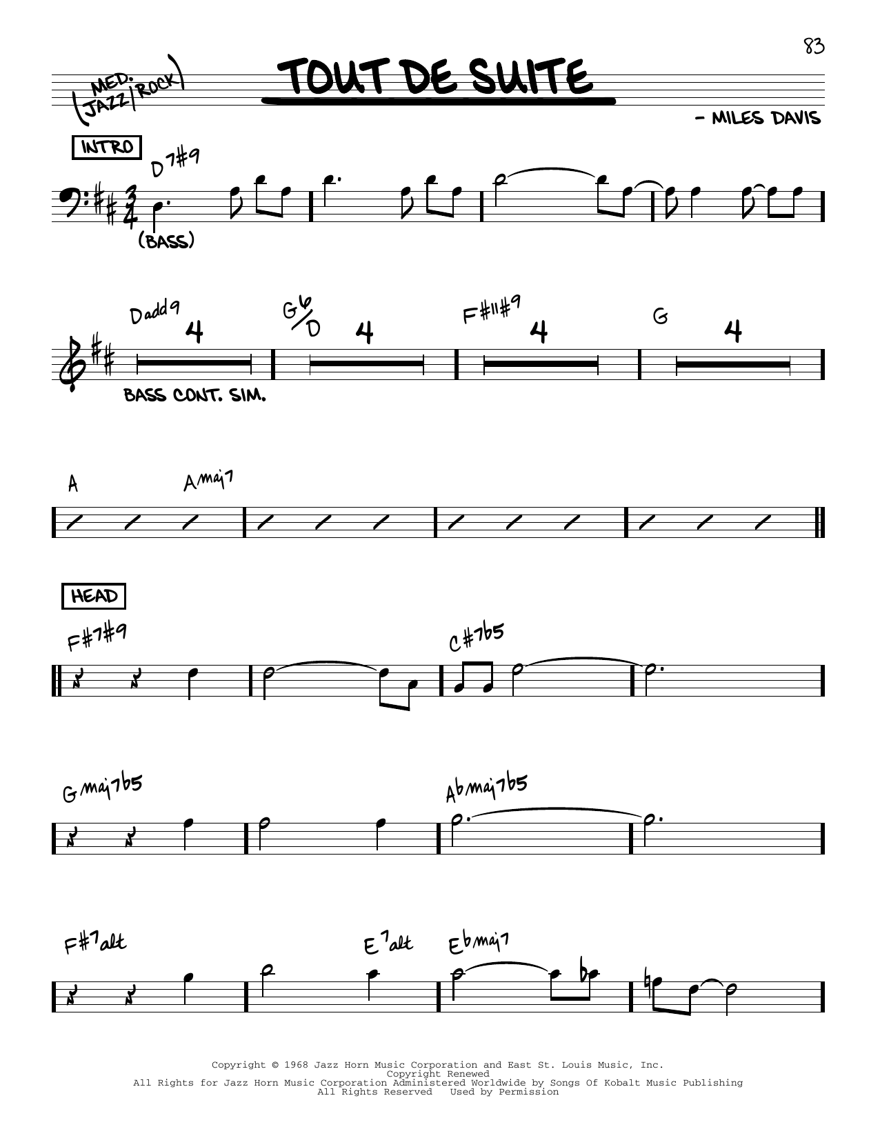 Download Miles Davis Tout De Suite Sheet Music and learn how to play Real Book – Melody & Chords PDF digital score in minutes