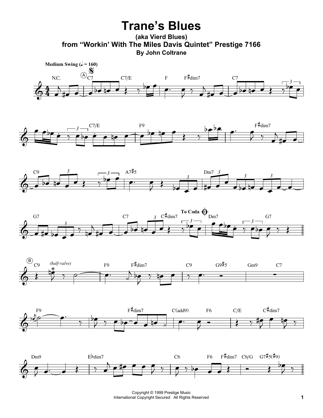 Download Miles Davis Trane's Blues Sheet Music and learn how to play Trumpet Transcription PDF digital score in minutes