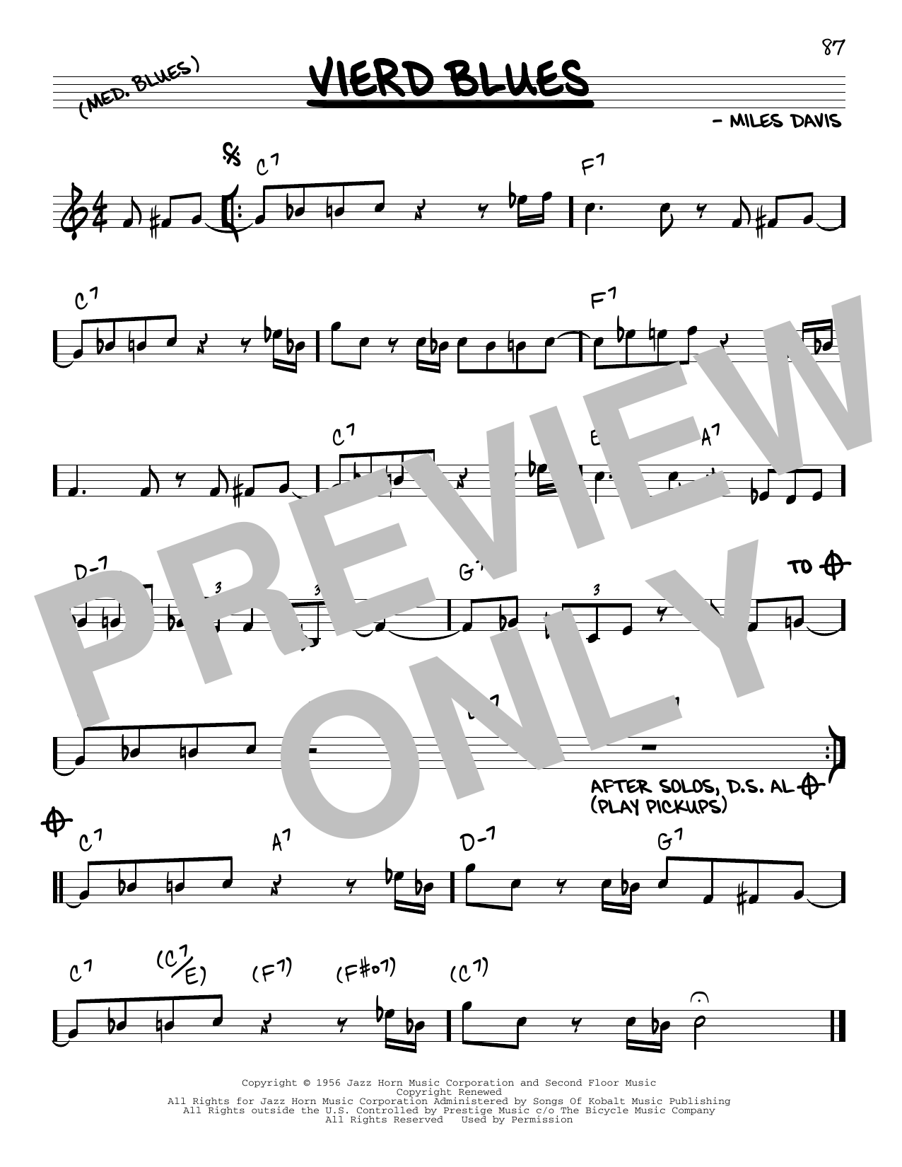 Download Miles Davis Vierd Blues Sheet Music and learn how to play Real Book – Melody & Chords PDF digital score in minutes