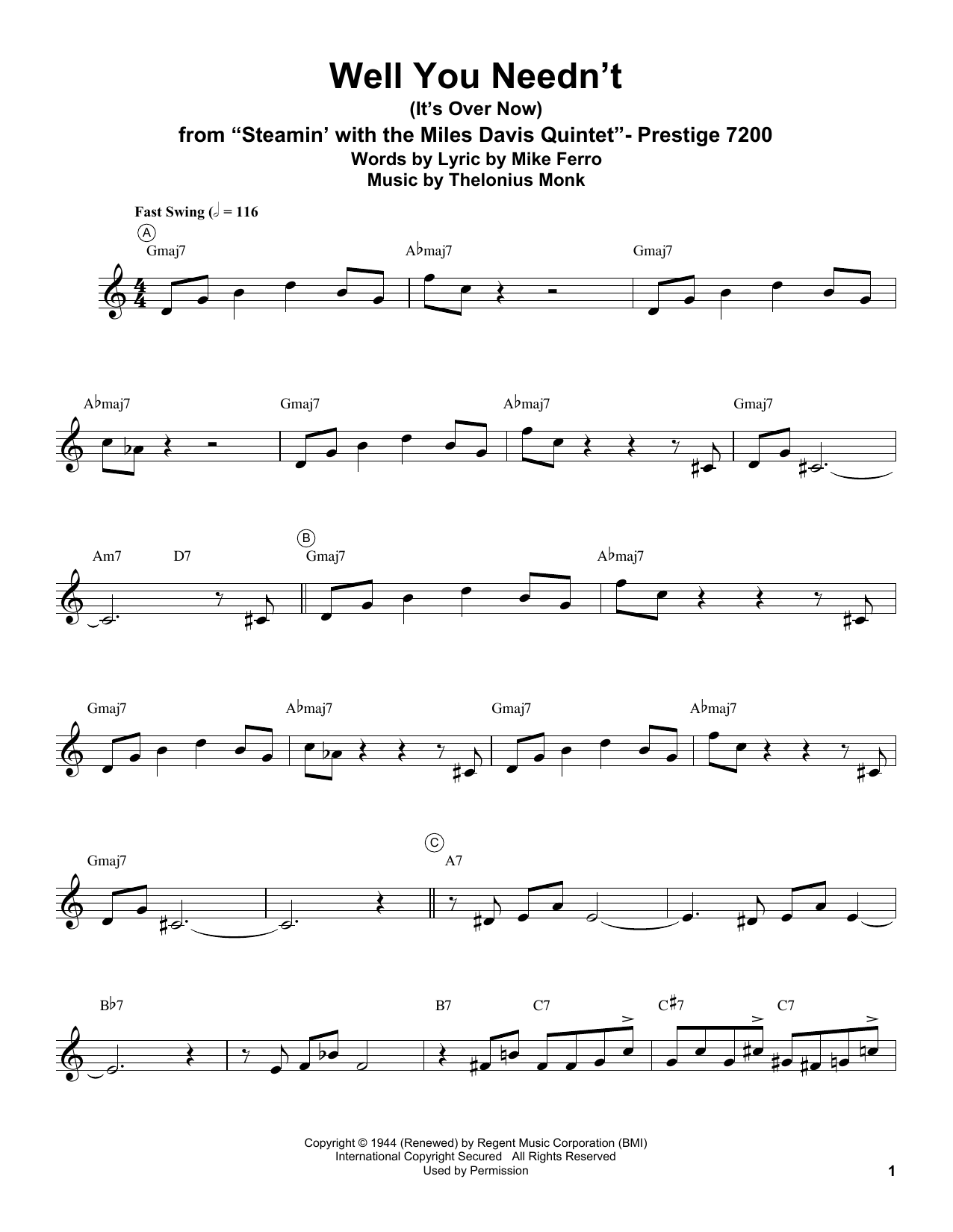 Download Miles Davis Well You Needn't (It's Over Now) Sheet Music and learn how to play Trumpet Transcription PDF digital score in minutes