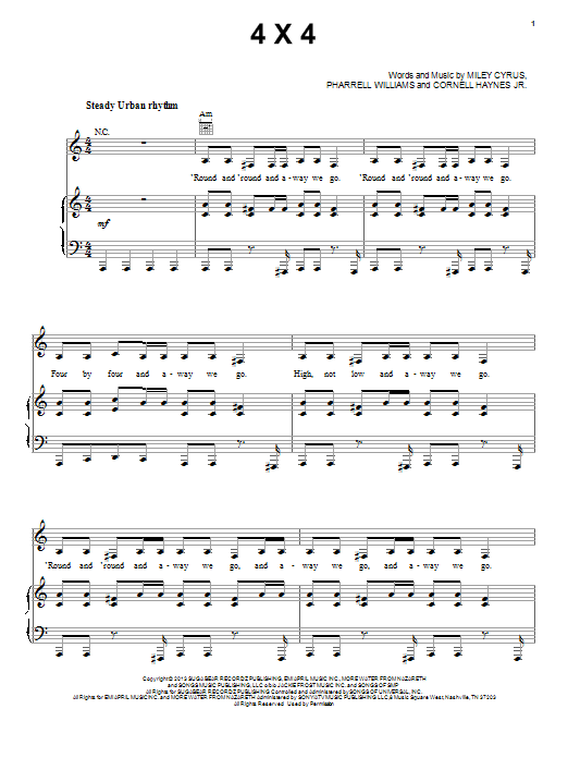Download Miley Cyrus 4x4 Sheet Music and learn how to play Piano, Vocal & Guitar (Right-Hand Melody) PDF digital score in minutes
