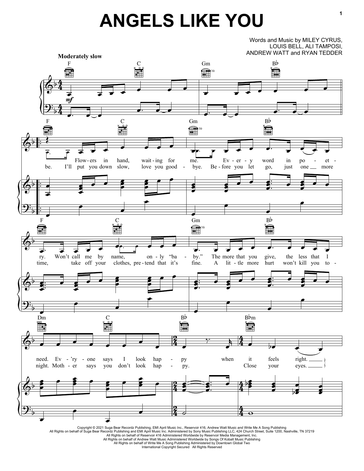 Download Miley Cyrus Angels Like You Sheet Music and learn how to play Piano, Vocal & Guitar Chords (Right-Hand Melody) PDF digital score in minutes