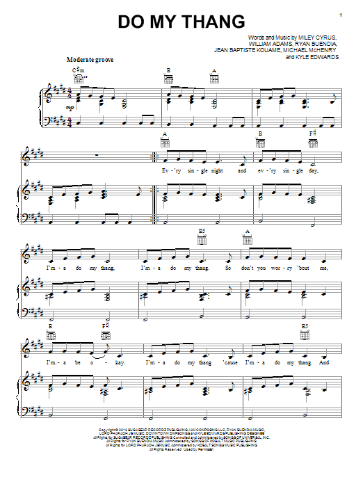 Download Miley Cyrus Do My Thang Sheet Music and learn how to play Piano, Vocal & Guitar (Right-Hand Melody) PDF digital score in minutes