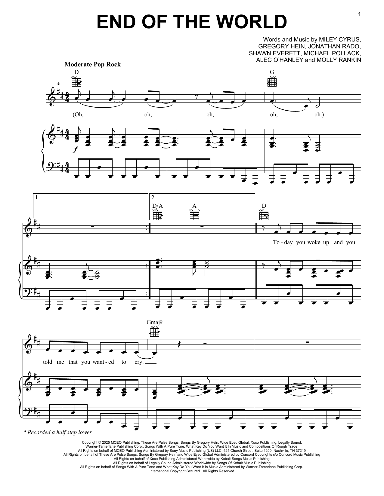 Download Miley Cyrus End Of The World Sheet Music and learn how to play Piano, Vocal & Guitar Chords (Right-Hand Melody) PDF digital score in minutes