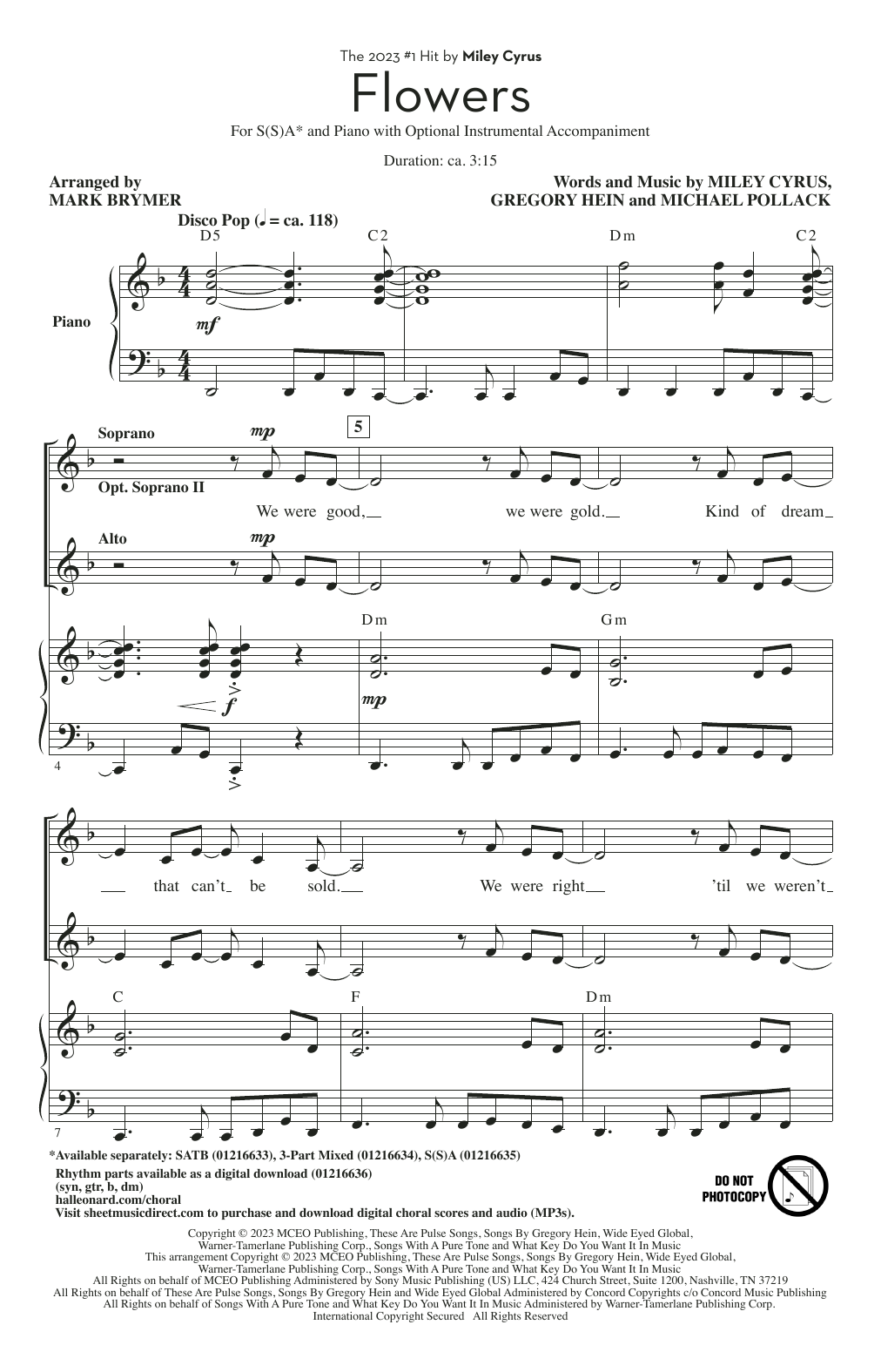 Download Miley Cyrus Flowers (arr. Mark Brymer) Sheet Music and learn how to play SSA Choir PDF digital score in minutes