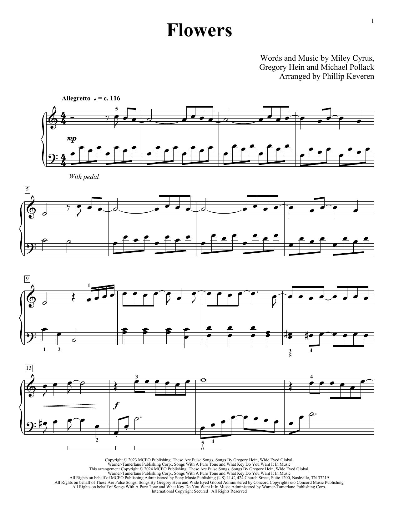 Download Miley Cyrus Flowers (arr. Phillip Keveren) Sheet Music and learn how to play Piano Solo PDF digital score in minutes