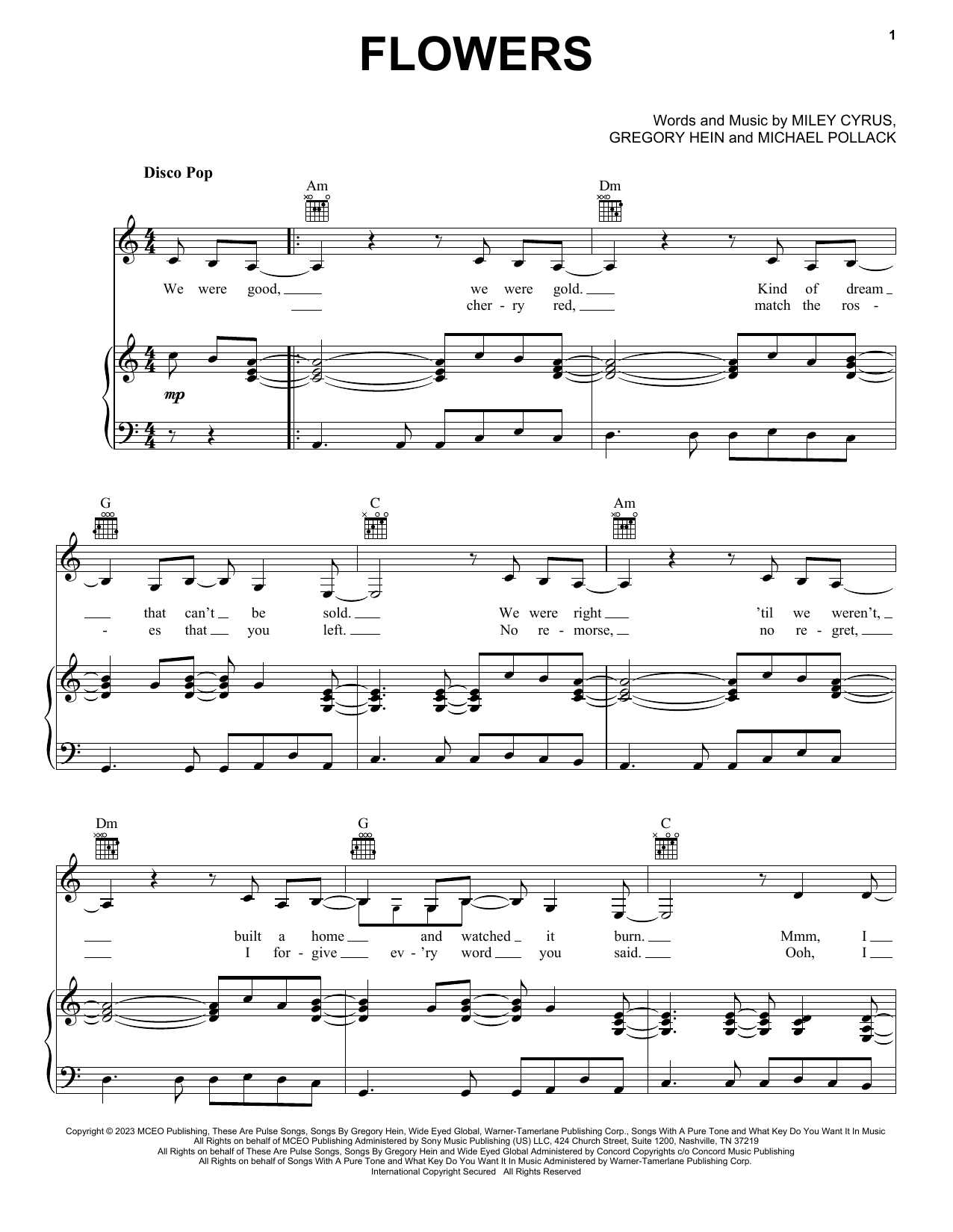 Download Miley Cyrus Flowers Sheet Music and learn how to play Instrumental Solo – Treble Clef Low Range PDF digital score in minutes